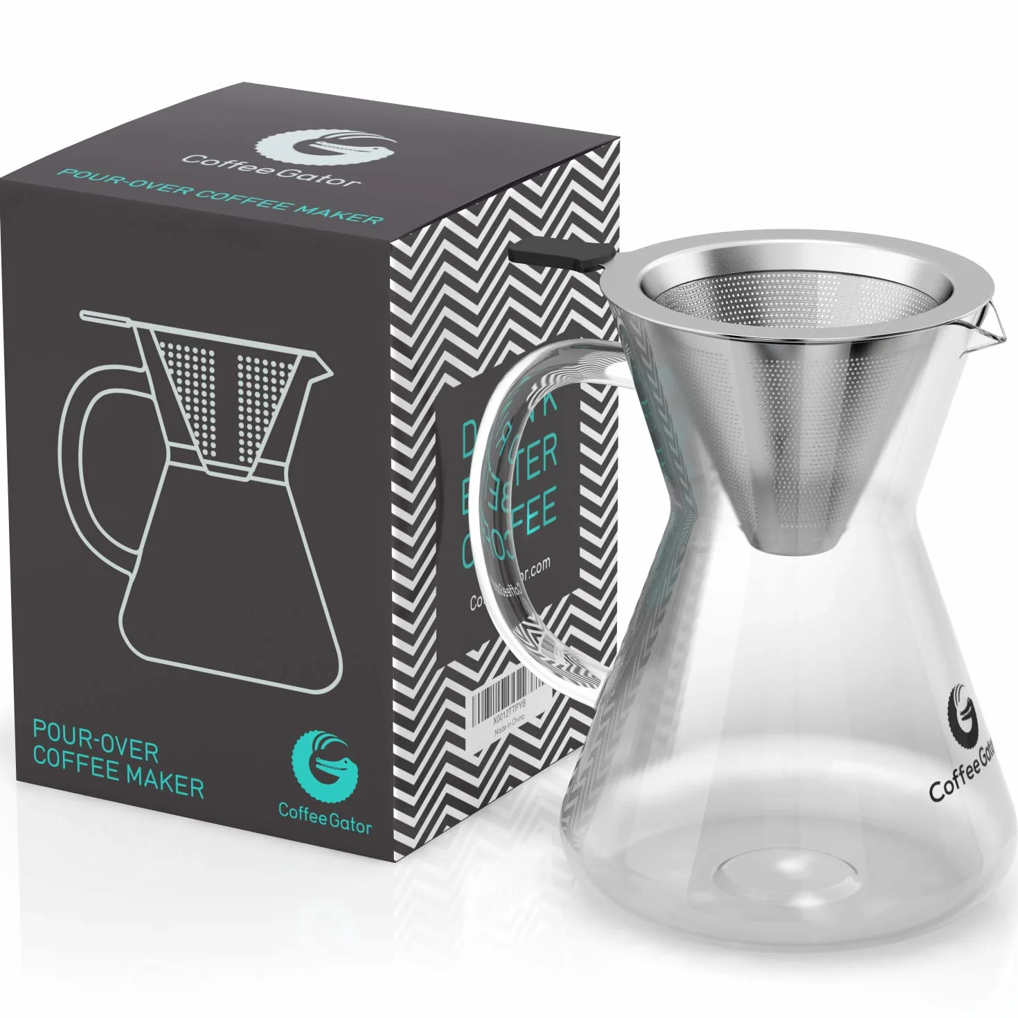 Coffee Gator Pour Over zaparzacz do kawy – więcej smaku dzięki bezpapierowemu filtrowi ze stali nierdzewnej i szklanej karafce – ręczny zaparzacz do kawy – 400 ml