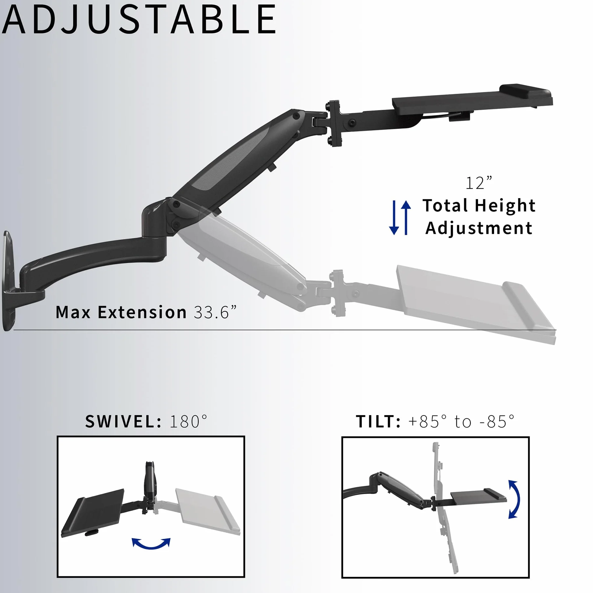 VIVO Sit-Stand 61 cm pneumatyczna sprężynowa klawiatura i taca na mysz uchwyt ścienny, platforma do pisania z regulacją wysokości przeciwwagi, ergonomiczne nachylenie, czarna, MOUNT-KB35B