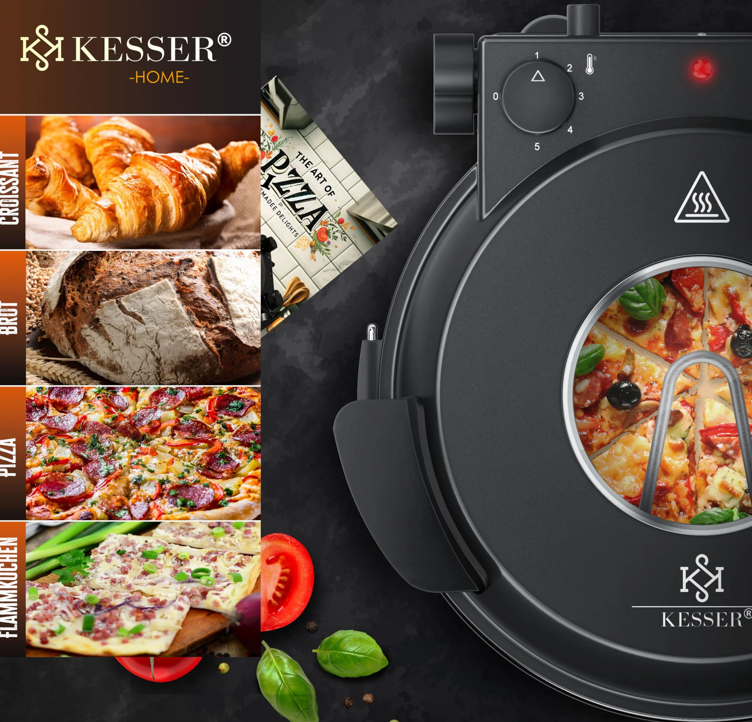 KESSER Elektryczny piec do pizzy 1200W 32cm 5 poziomów grzania z płytą kamienną