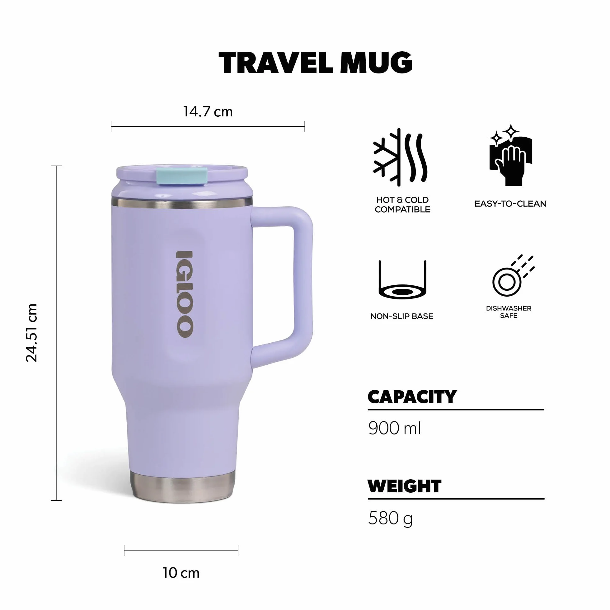 IGLOO TRAVEL MUG 32 termiczny kubek 900ml ze stali nierdzewnej ze słomką – szczelny, odpowiedni do napojów gazowanych, bez BPA – utrzymuje napoje 12h gorące & 48h zimne, idealny w podróży