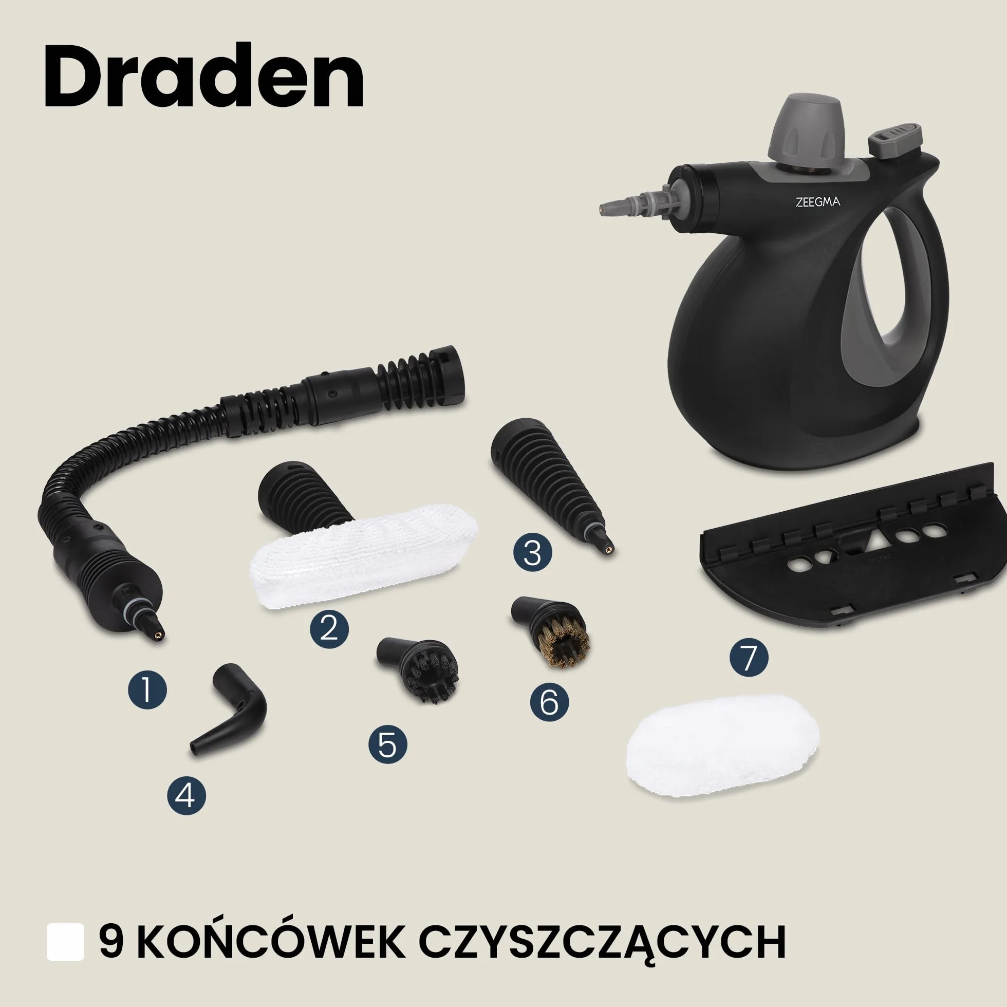 ZEEGMA Myjka Parowa 9 Końcówek IPX4 3 Bary 110°C 30 ml/min