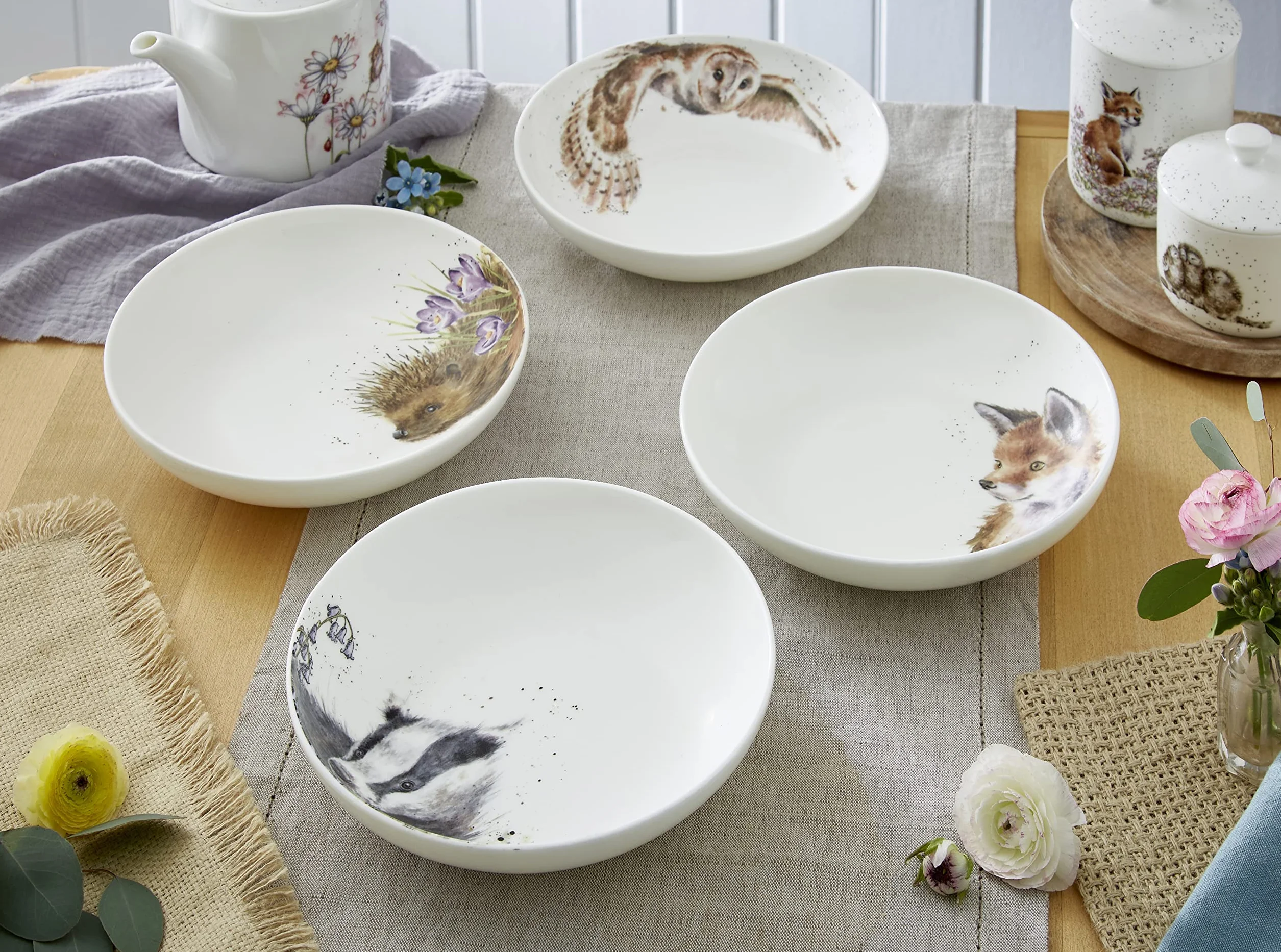 Wrendale Designs Royal Worcester ceramiczna miska do makaronu, jeż, borsuk, lis i sowa, zestaw 4 szt