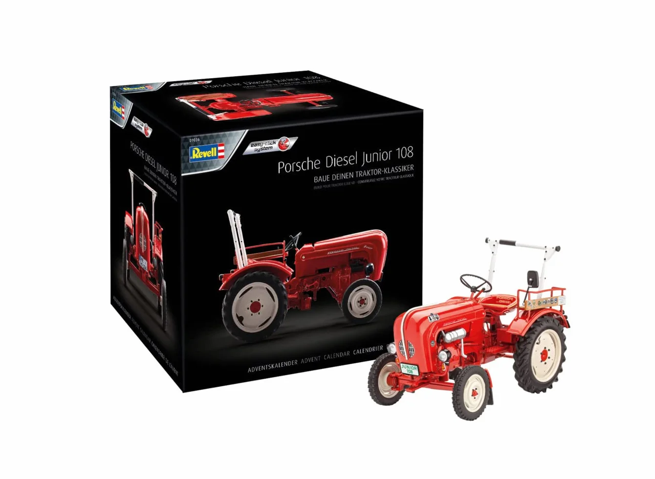 Revell- Adventskalender Porsche Junior 108 Oldtimer Traktor mit Dem Easy-Click-System in 24 Giorni per Trattore Fai da Te, Colore: Rosso, 01035