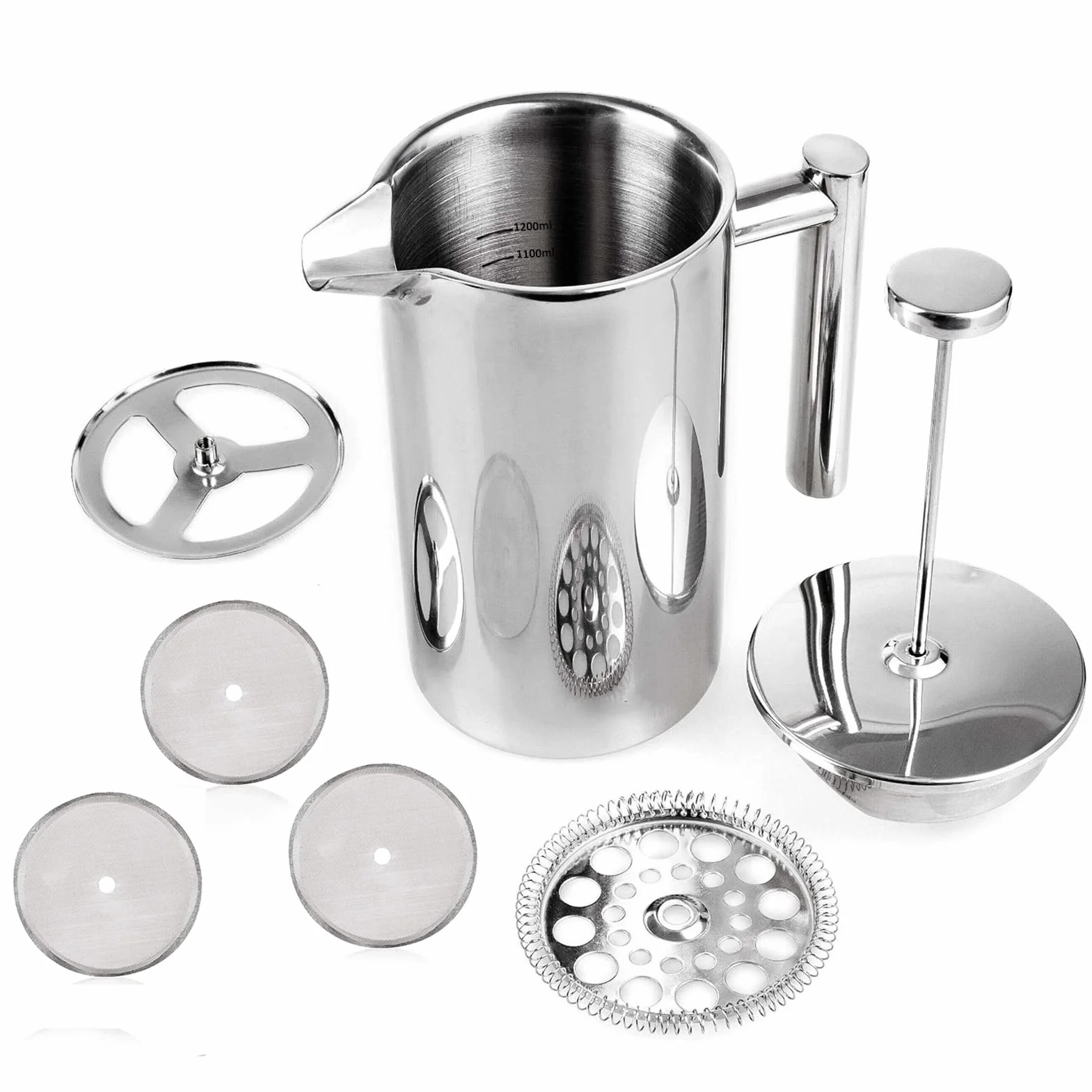 Zaparzacz do kawy French Press 1,5 litra zaparzacz do kawy ze stali nierdzewnej, podwójne ścianki, izolowany, French Press Caffettiera, dzbanek do kawy z 2 dodatkowymi sitkami, srebrny 1500