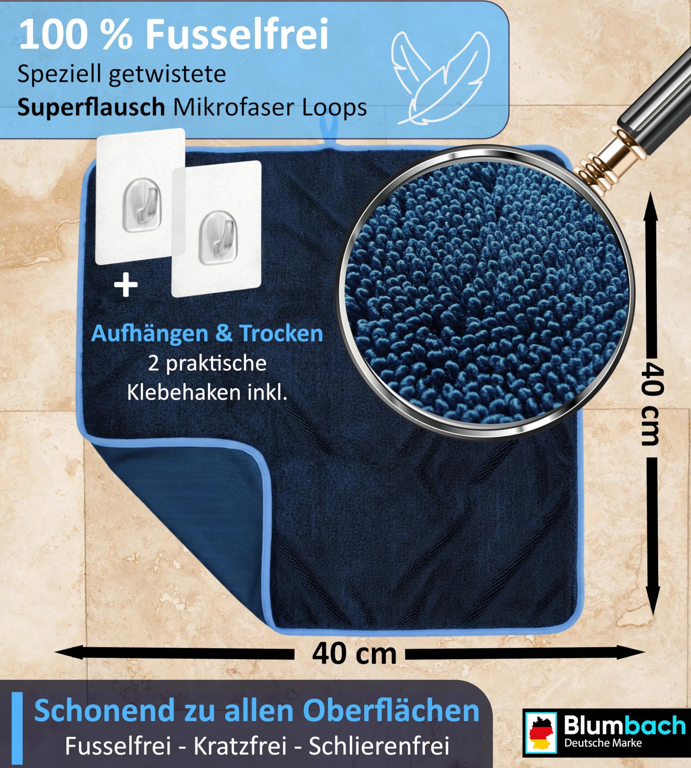 BLUMBACH® Ultra Wipes zestaw 3 ściereczek 700 GSM 40 x 40 cm, bardzo chłonna ściereczka do kabiny prysznicowej, w zestawie 2 haczyki samoprzylepne, ściereczki do czyszczenia, Fastdry, niemiecka marka
