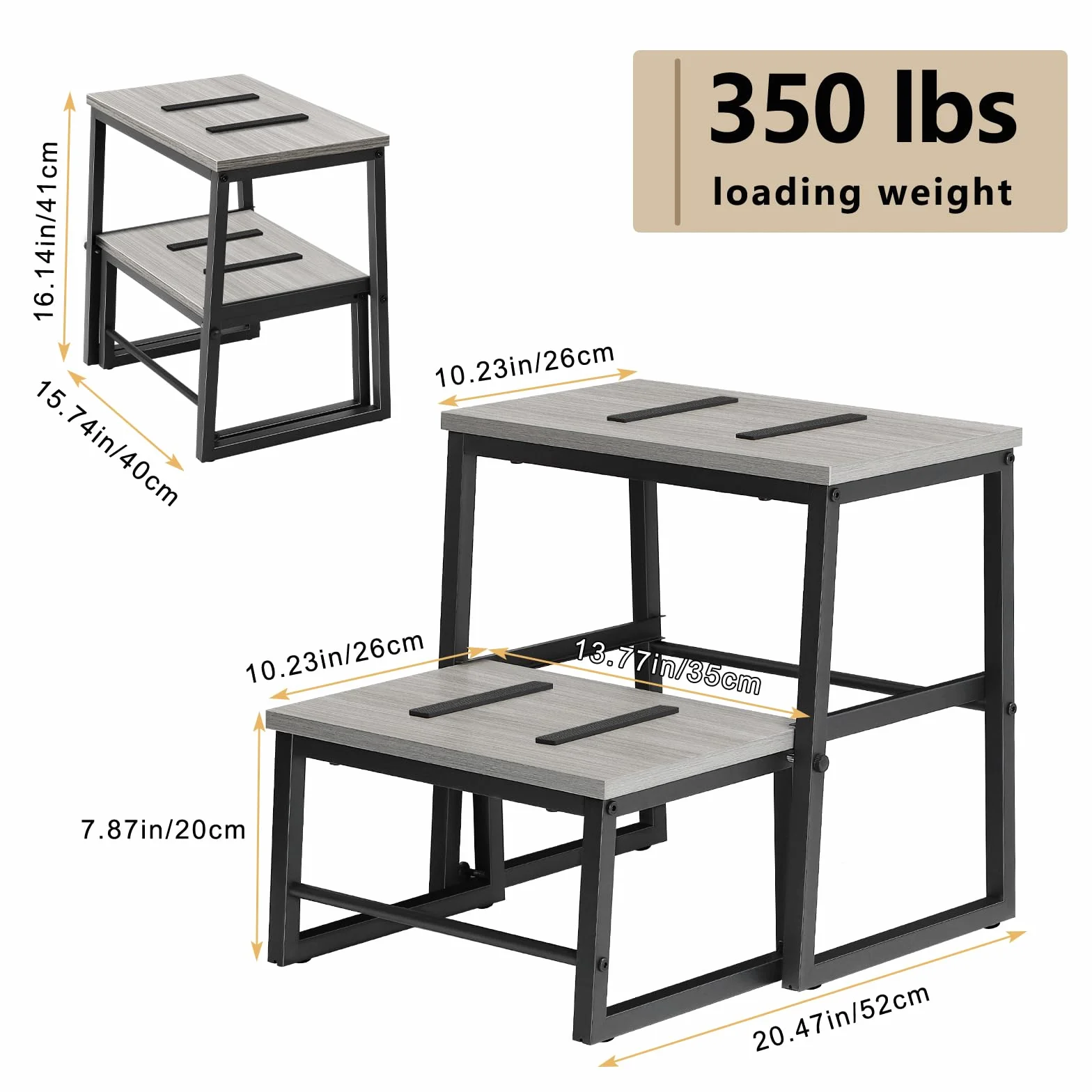LIANTRAL 2 w 1 taboret ze schodkiem dla dorosłych i dzieci, 2 poziomy, drewniany taboret o nośności 160 kg, metalowa rama, podnóżek do łóżka piętrowego, antypoślizgowy taboret do kuchni, biura, zamek