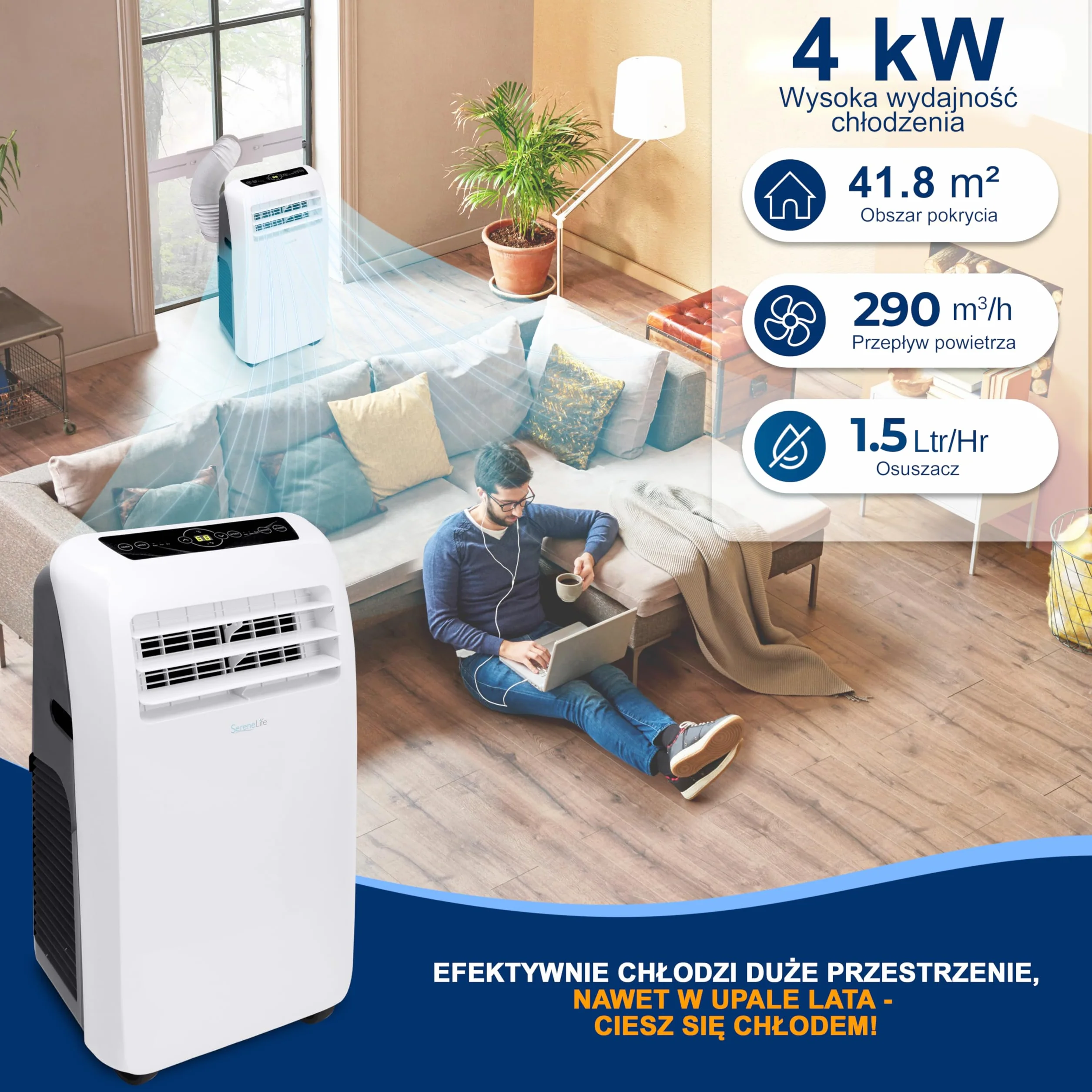 SereneLife Mobilny klimatyzator 3 w 1 z wężem wylotowym – chłodnica powietrza, osuszacz powietrza i wentylator, 9000 BTU, wilgotność 1,5 l na godzinę, chłodzi pomieszczenia do 42 m²