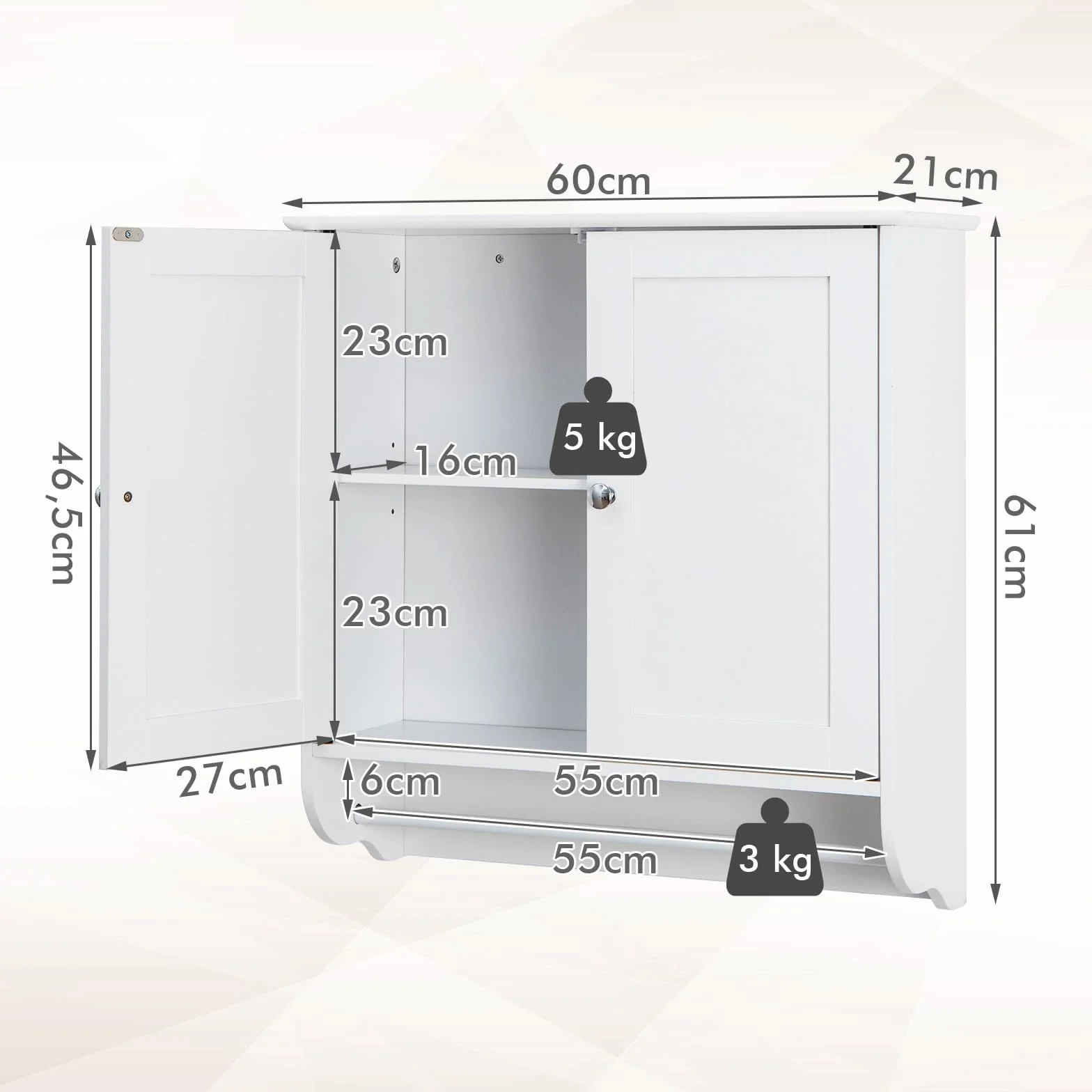 COSTWAY Szafka łazienkowa wisząca z uchwytem na ręczniki drewniana 60x21x61 cm biała