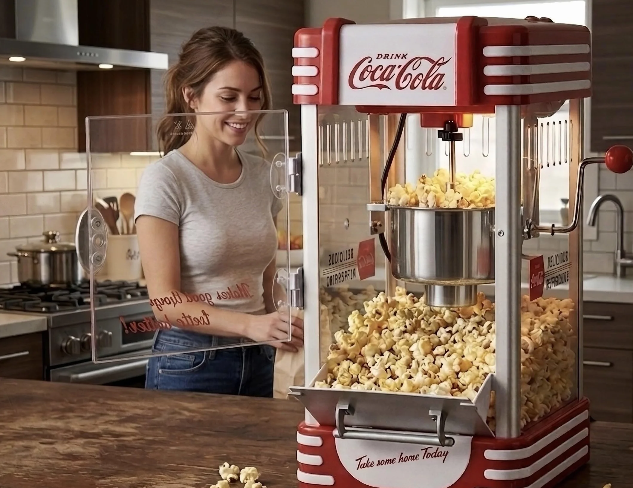 Salco Coca-Cola maszyna do popcornu – urządzenie do robienia popcornu w stylu retro w kolorze czerwonym (lata 50-tete), styl kinowy, czajnik ze stali nierdzewnej z powłoką zapobiegającą przywieraniu,