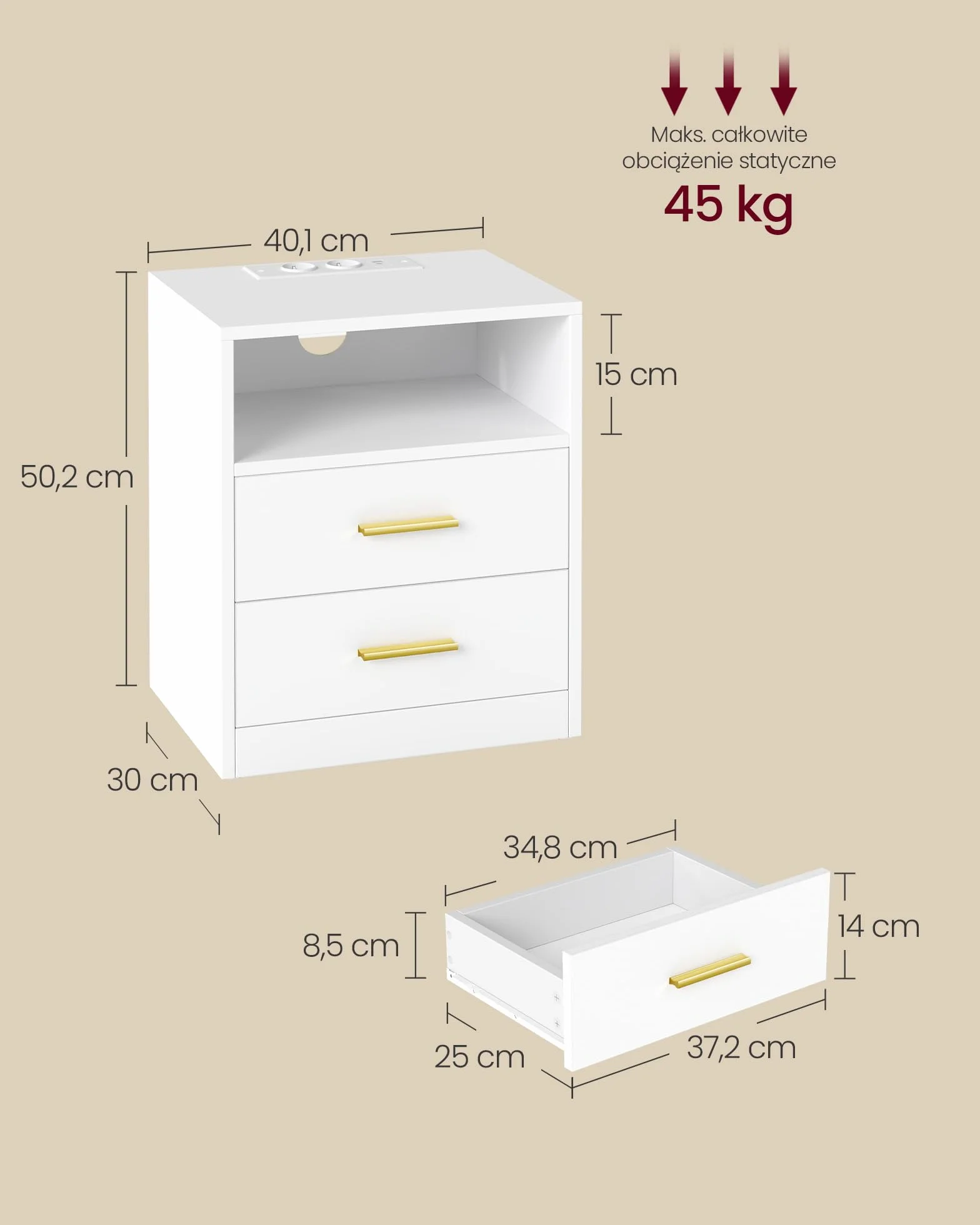 VASAGLE Kolekcja CUSTOS – stolik nocny ze stacją ładującą, zestaw 2 szt., oświetlenie LED, stolik boczny, nowoczesny, z szufladami, 2 gniazdkami sieciowymi i portami USB, kolor Cloud White LET829WB01