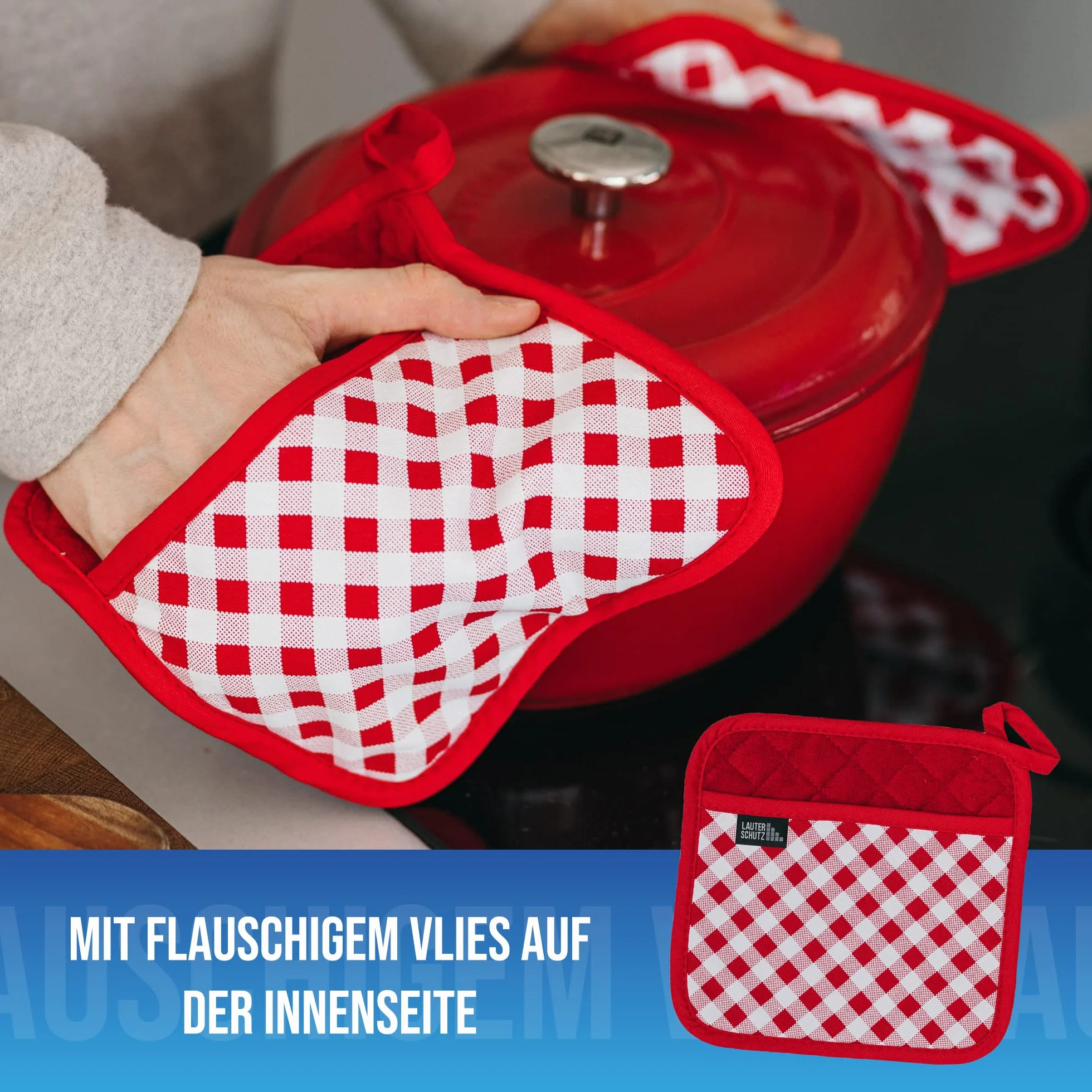LauterSchutz® 1 para garnkowych łapek – miękka, do prania, recyklingowa bawełna z kieszenią na ręce [odporne na 250°C] rękawice do gotowania