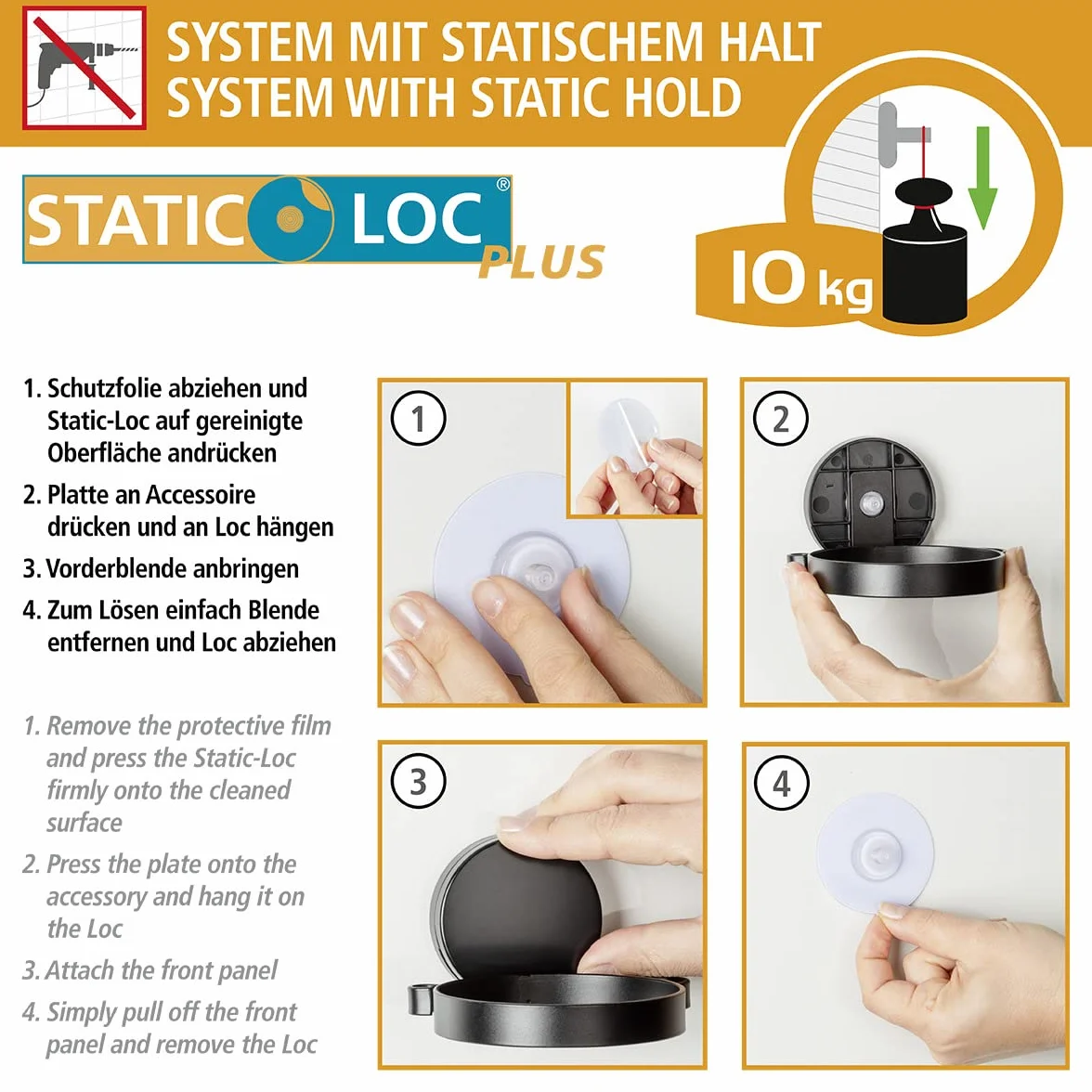 WENKO Static-Loc® Plus uchwyt na suszarkę do włosów model Pavia czarny, uchwyt na suszarkę do włosów z uchwytem grzebieniowym i na kabel, mocowanie bez wiercenia
