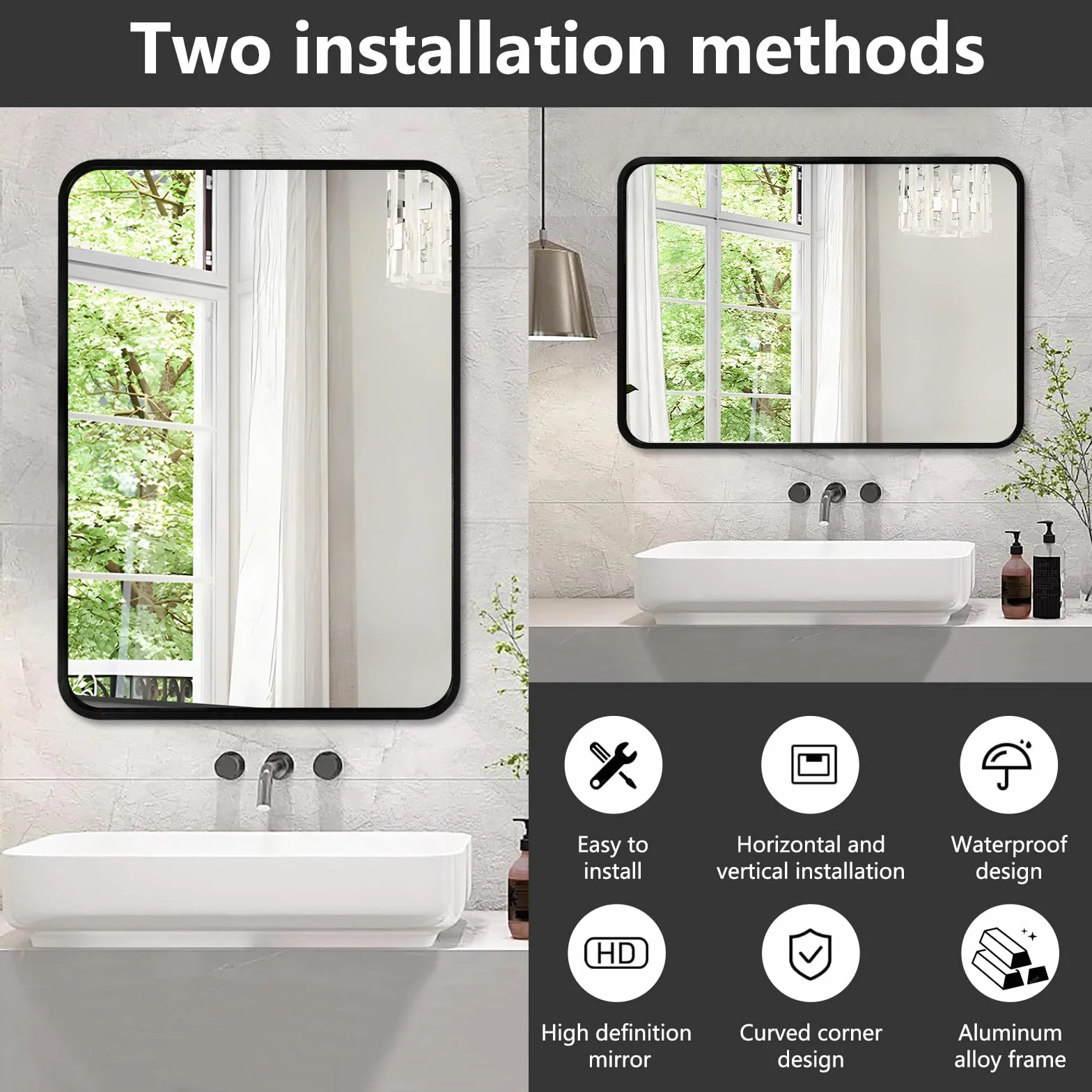 Lustro ścienne prostokątne czarne z aluminiową ramą - 70 x 50 cm Nowoczesne lustro do łazienki, idealne do łazienki, sypialni, salonu i przedpokoju - Można powiesić poziomo lub pionowo