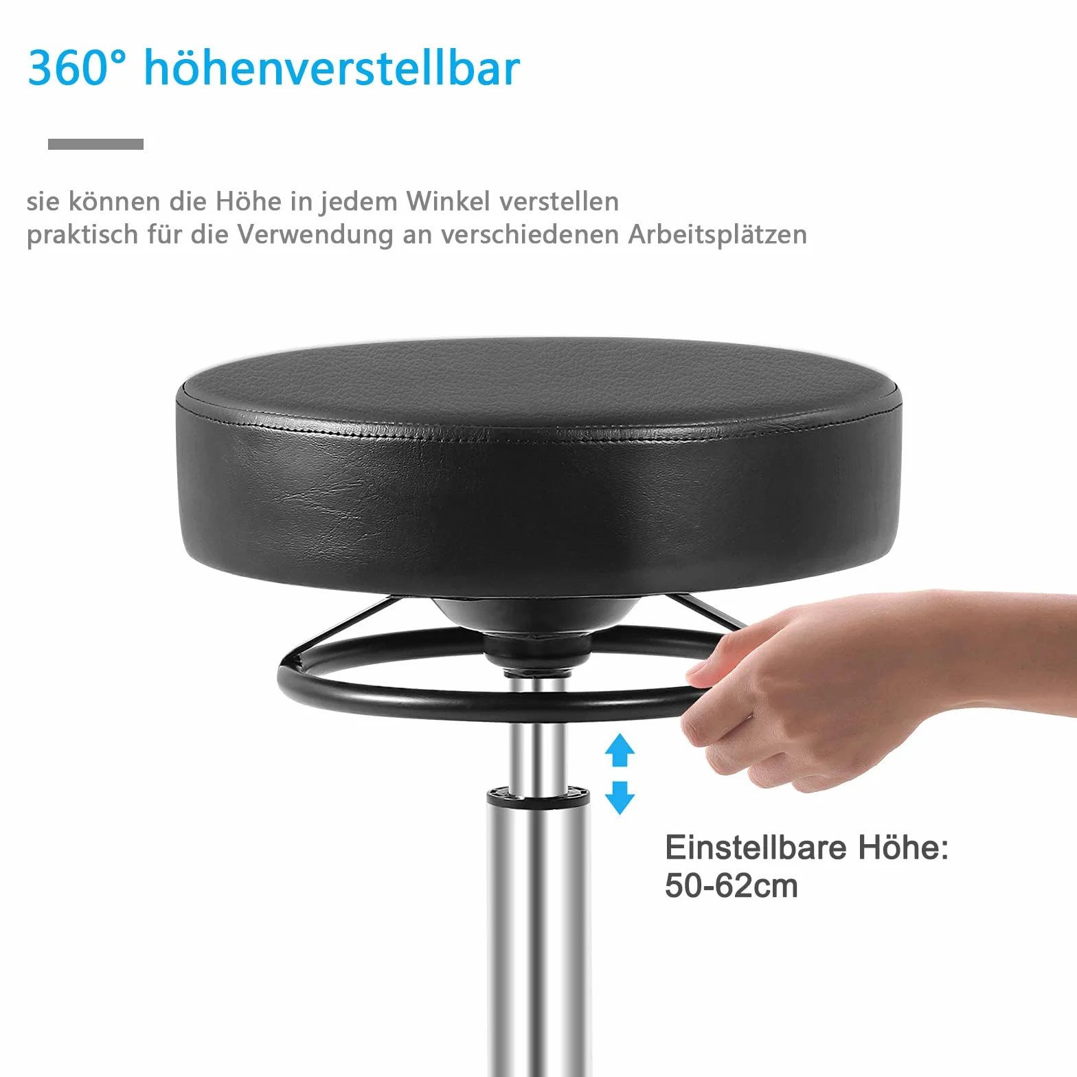 Taboret na kółkach z regulacją wysokości – 50 – 62 cm, obciążenie do 180 kg, taboret obrotowy o 360°, taboret do salonu i spa, ze skóry (czarny)