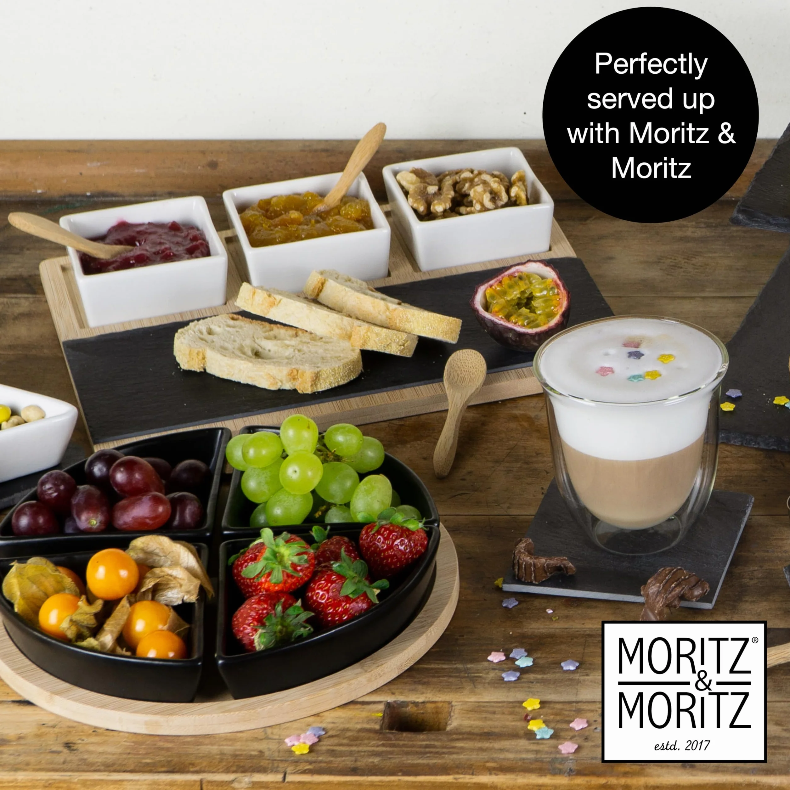 Moritz & Moritz Półmisek do serwowania z miseczkami Antipasti 22 cm – bambusowa taca do serwowania z ceramiczną miską, łyżka bambusowa – zestaw miseczek na przystawki, dipy i przekąski