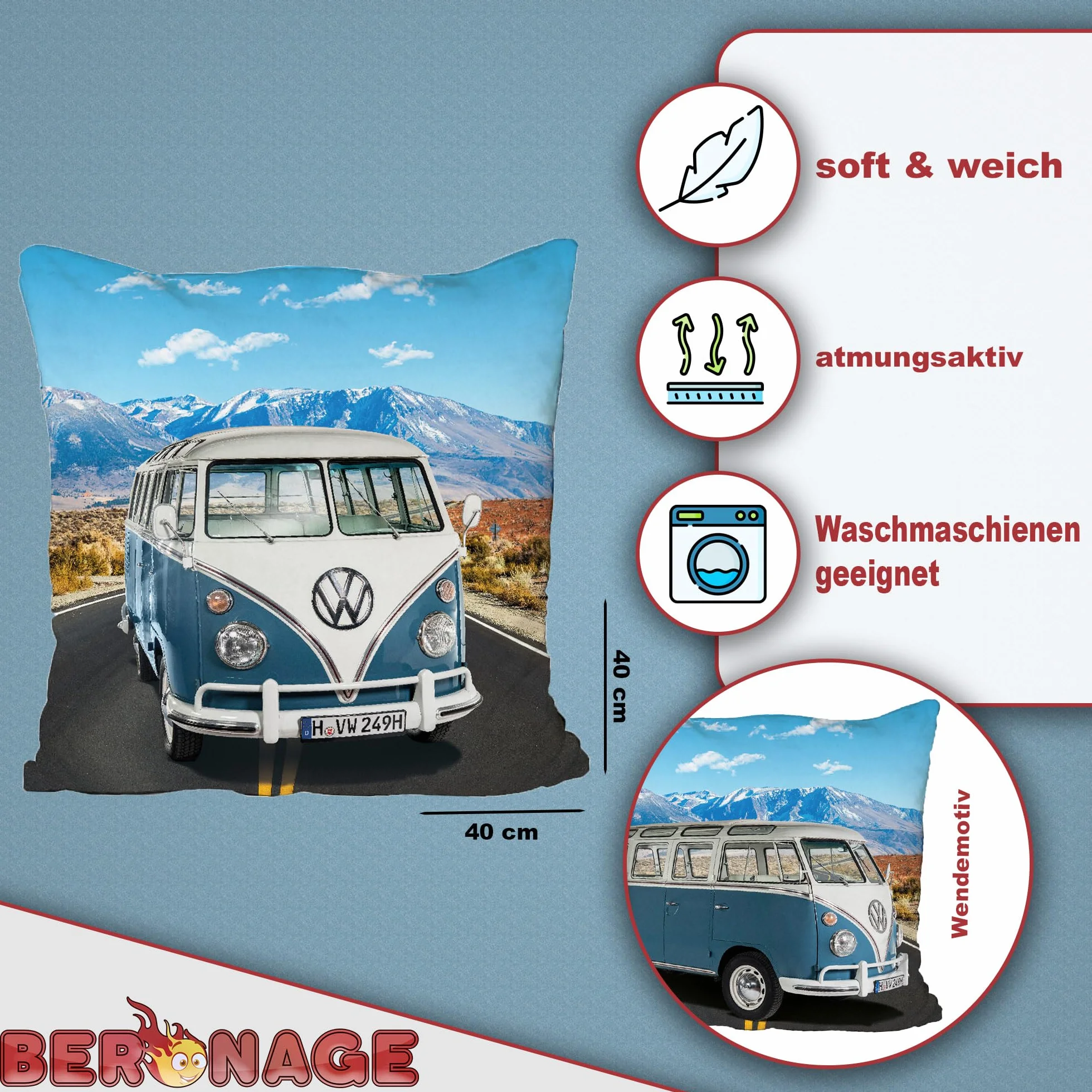 VW Volkswagen T1 dwustronna poduszka – niebieska, 40 x 40 cm, poduszka Bulli z 2 motywami, poszewka na poduszkę do kampera, idealna na sofę i łóżko, akcesoria do mieszkania, poduszka dekoracyjna, na