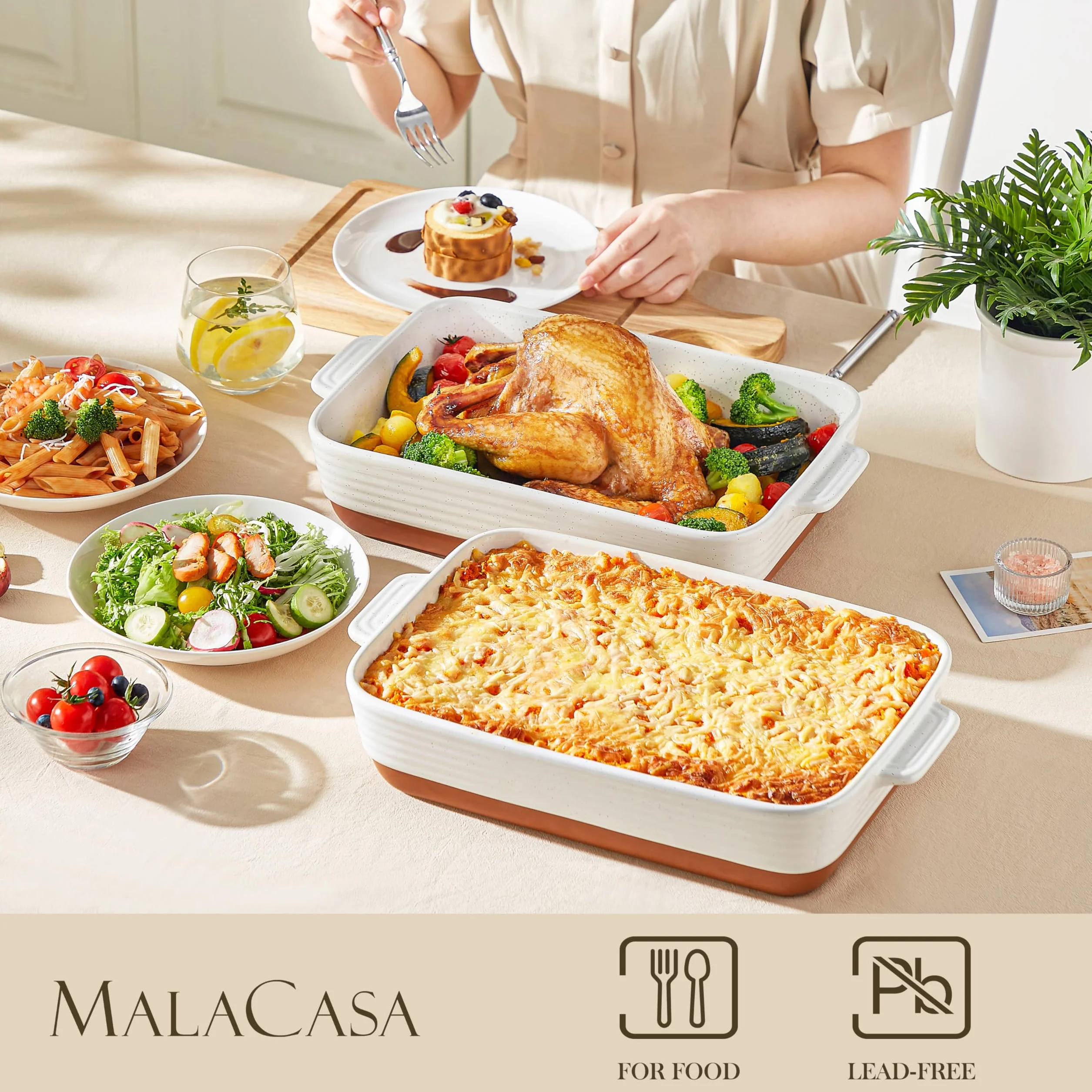 MALACASA Seria TARA, naczynie do zapiekanek, duże, 35 x 23,8 x 8,7 cm, 4,5 l – prostokątna forma do pieczenia z kamionki, odporna na zarysowania i wytrzymała – forma do pieczenia lasagne, tiramisu