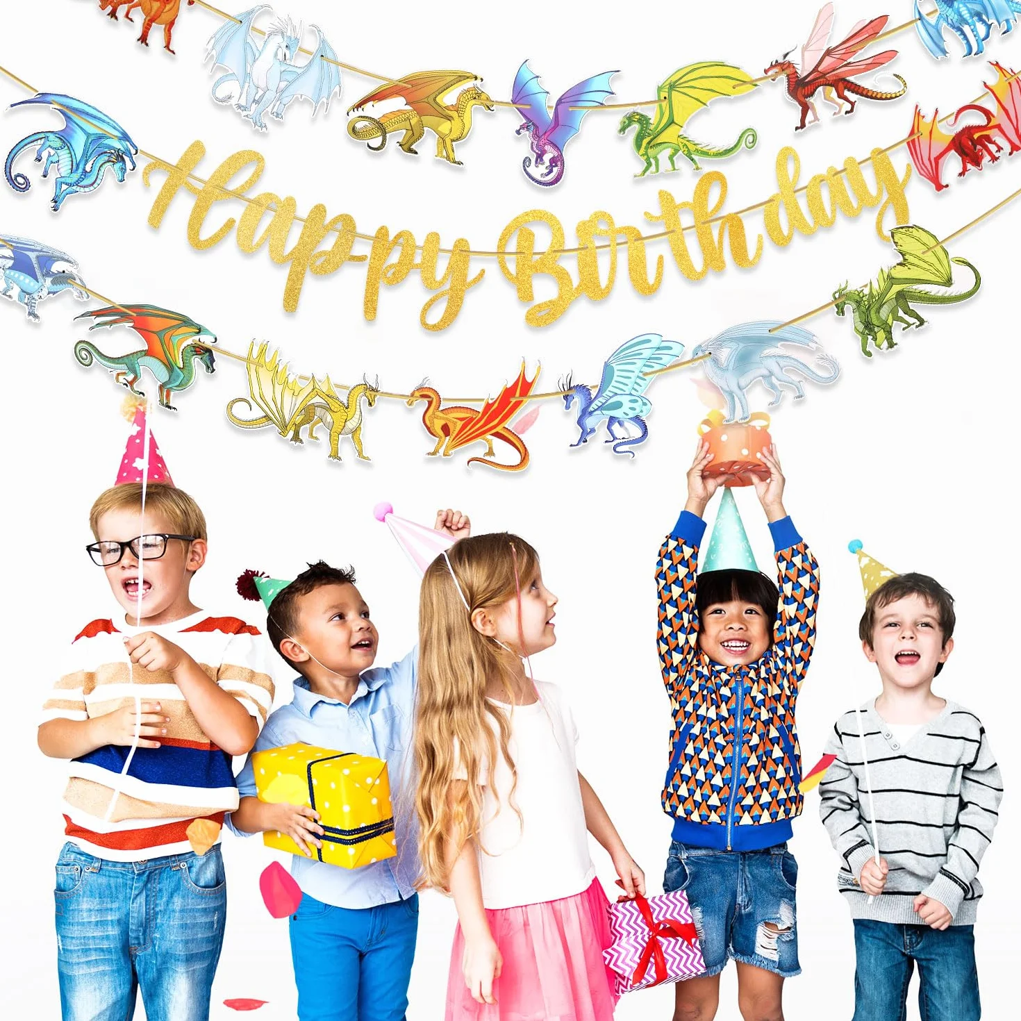Baner Urodzinowy Dragon Happy Birthday Banner, Zólta Czcionka Dekoracje Urodzinowe Dragon Sznurek Wiszacy Baner Urodzinowy Dragon na Impreze Tematyczna Dragon i Akcesoria na Baby Shower