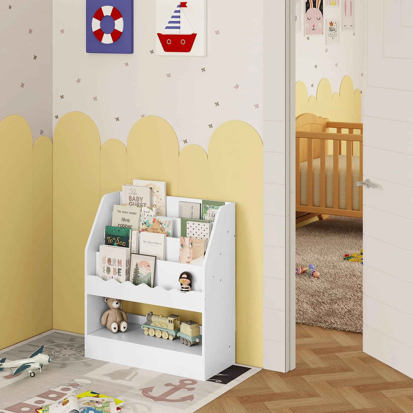 WOLTU Regał na Książki dla Dzieci, Biały, 5 Półek, do Przechowywania Zabawek, Meble Dziecięce do Przedszkola, Pokoju Zabaw, 70 x 80 x 30 cm