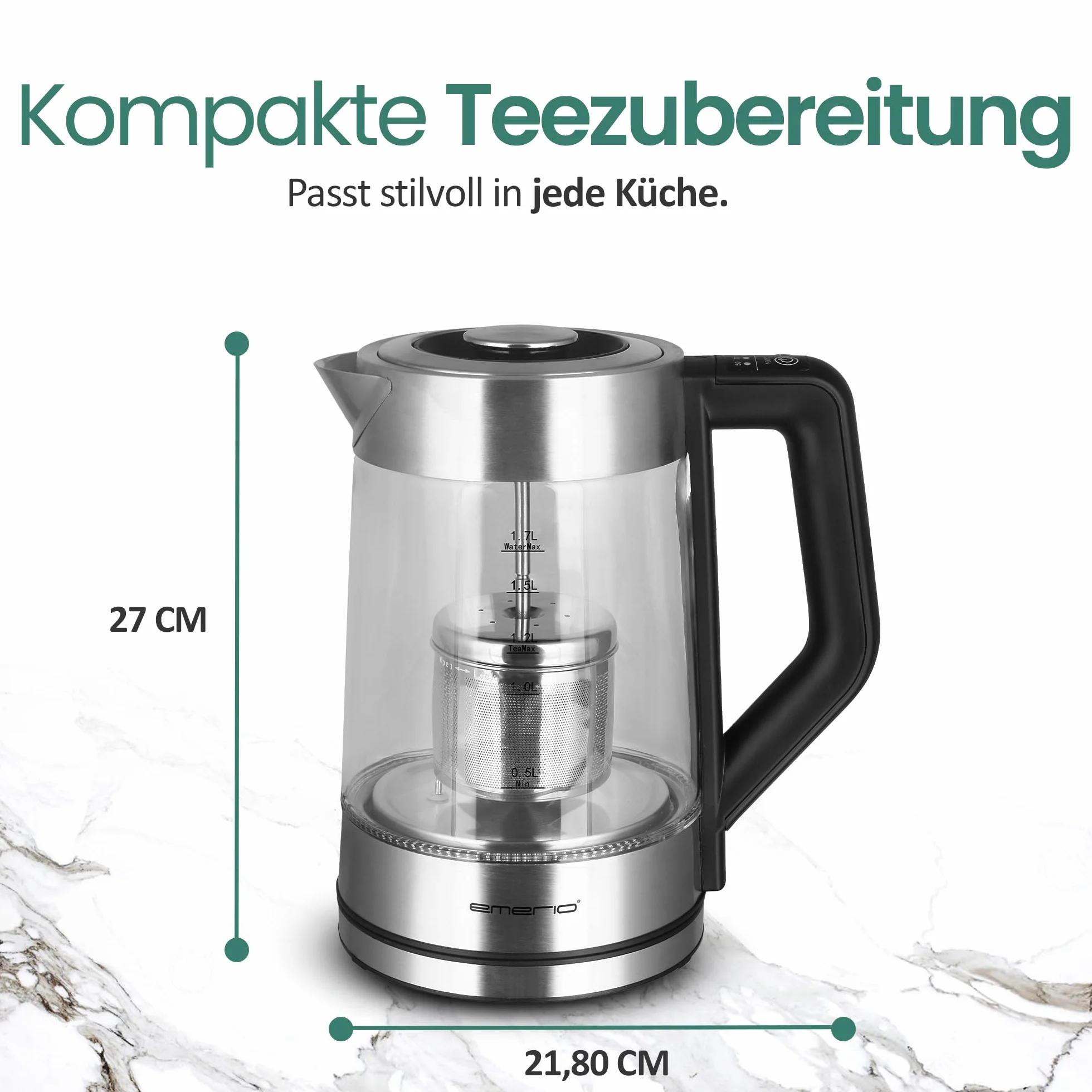 Emerio WK-122730 szklany zaparzacz do herbaty z wyborem temperatury 50-100°C, czajnik, sitko ze stali nierdzewnej, szkło borokrzemowe, BPA free