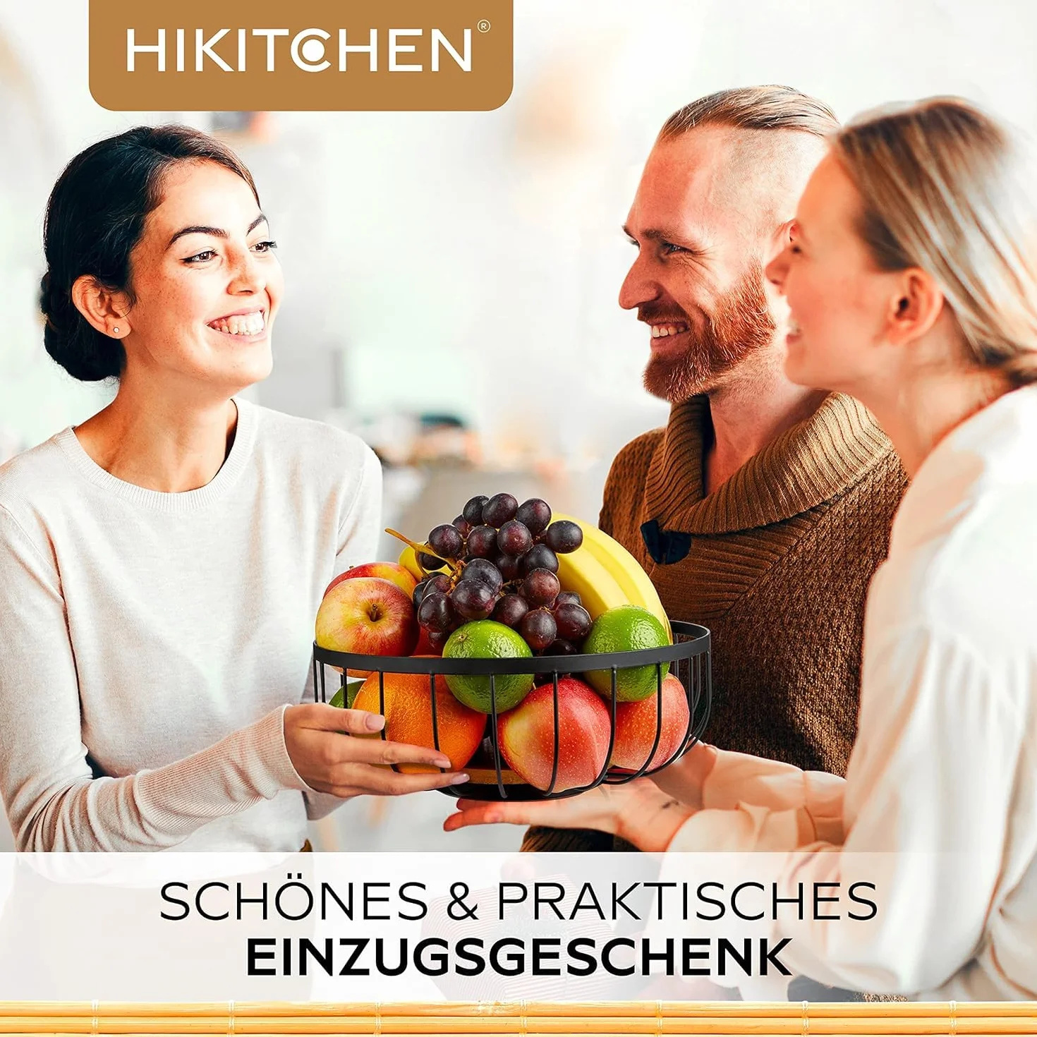 HIKITCHEN® Kosz na owoce – kosz na owoce – miska metalowa i bambusowa – miska na owoce do kuchni i gospodarstwa domowego – uchwyt na owoce (czarny)