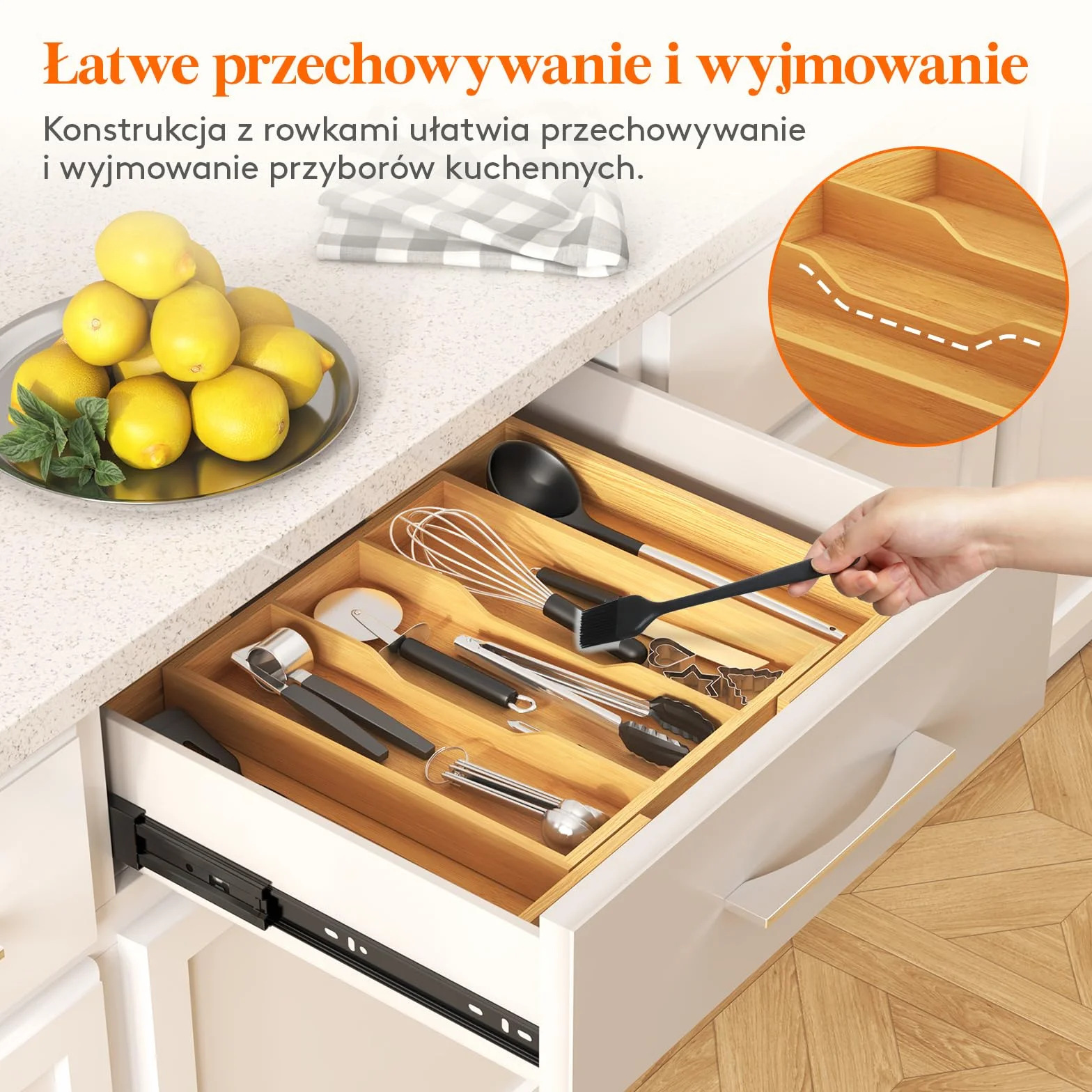 Lifewit Organizer do szuflad na przybory, rozszerzalna duża taca na sztućce do kuchni, bambusowy uchwyt na sztućce, drewniana regulowana szpatułka kuchenna narzędzia i gadżety przegroda do