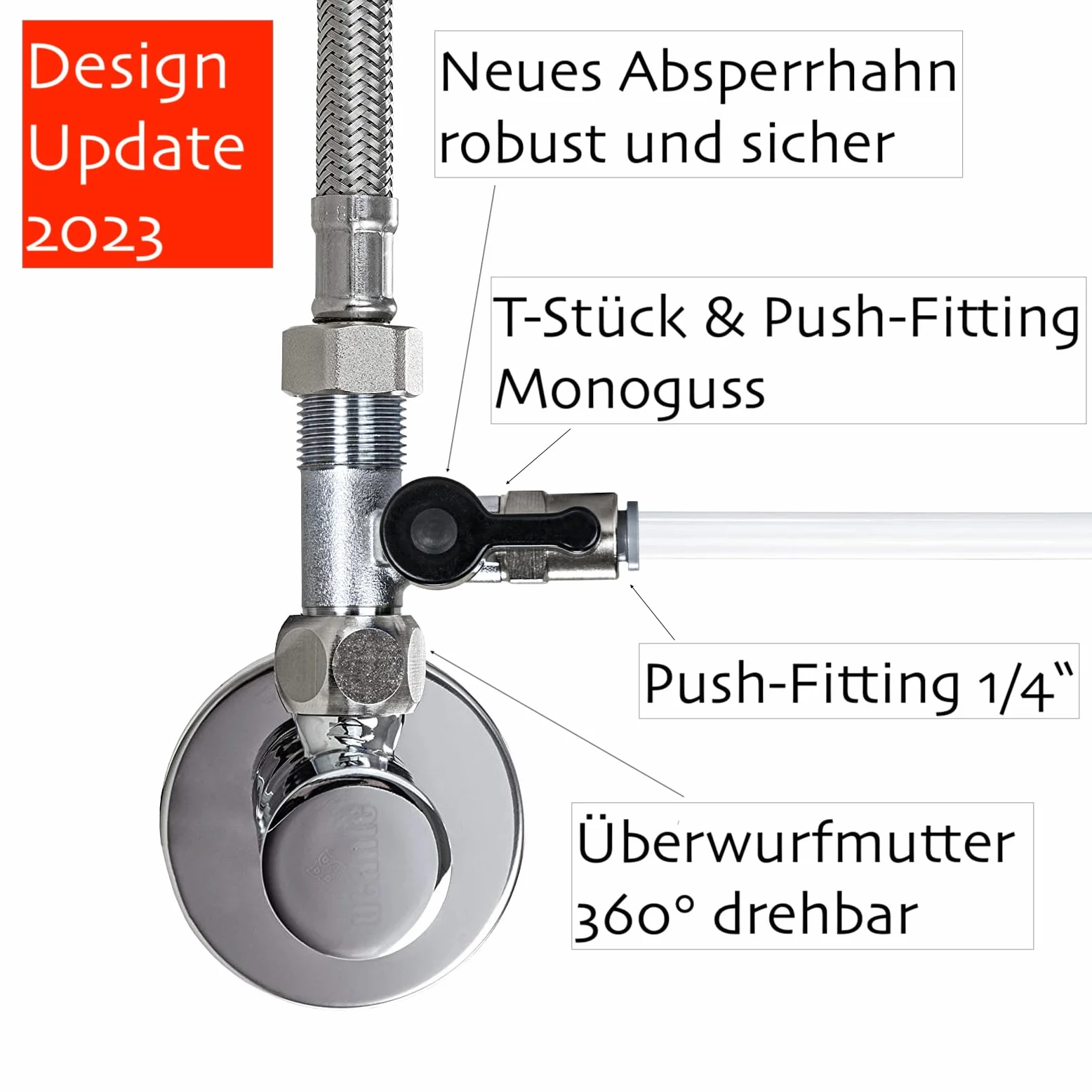 Adapter T-Stück do zaworu odcinającego 3/8 AG x 1/4 QC x 3/8 UM do filtrów wodnych, odwróconej osmozy, lodówek Side-by-Side