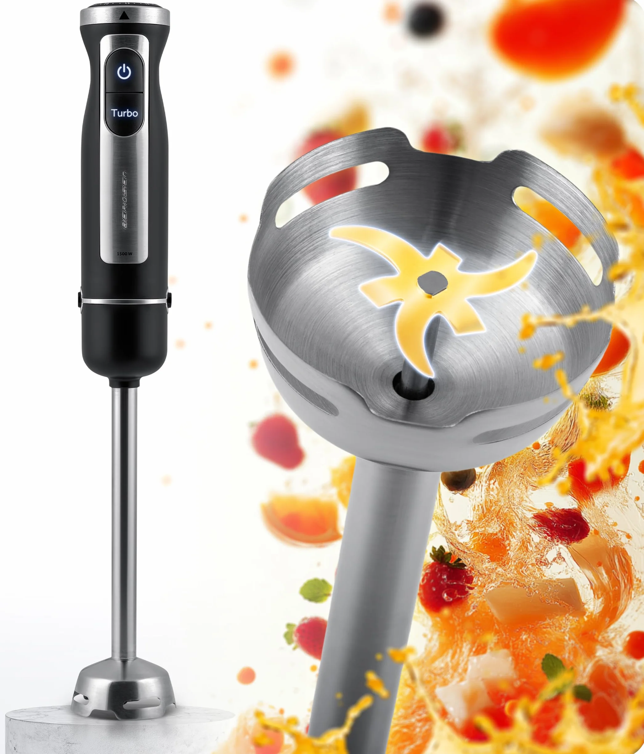 Berdsen Blender Ręczny 1500W Wielofunkcyjny 800 ml Stal Tworzywo Sztuczne Czarno-Szary