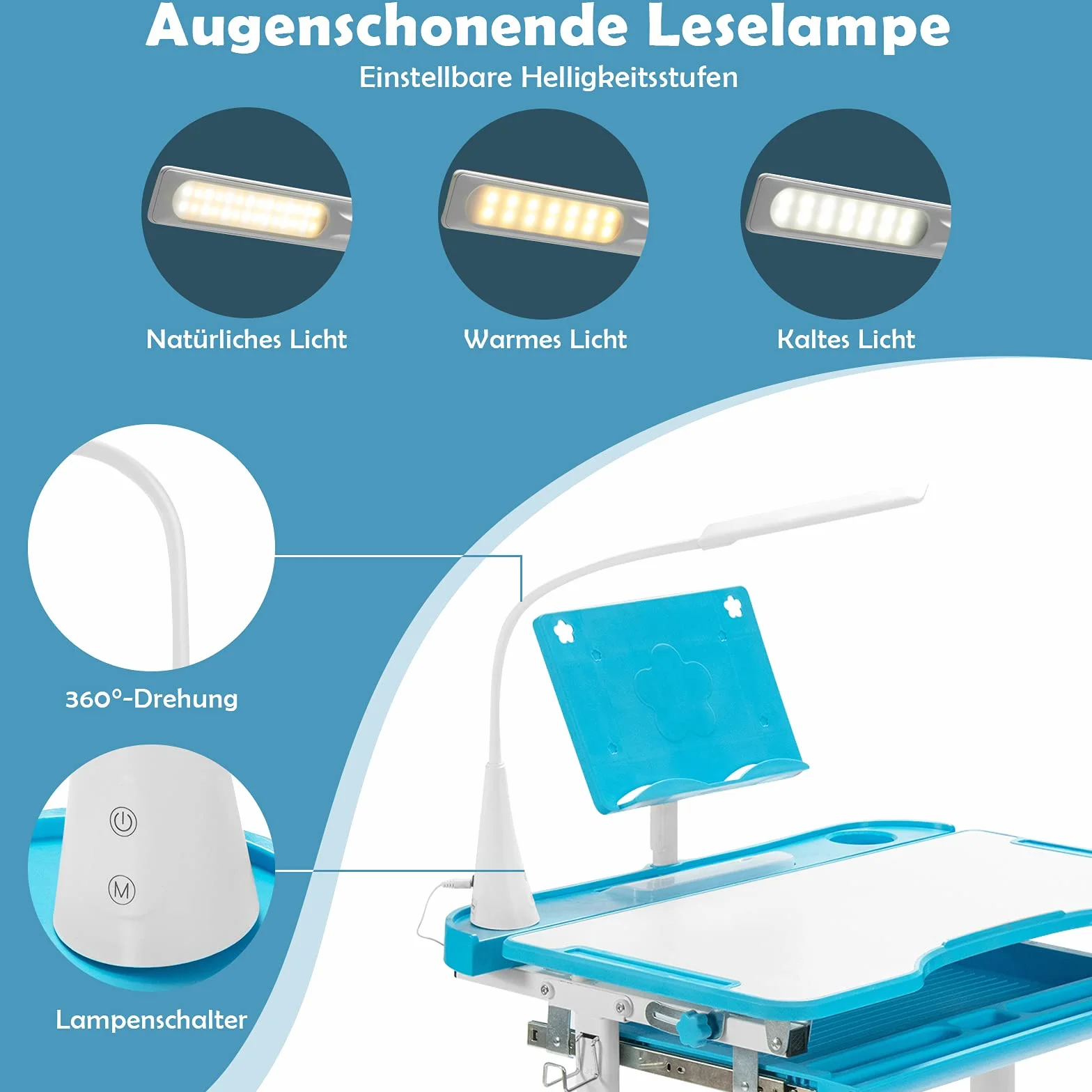 COSTWAY Biurko dziecięce zestaw ze stojakiem na książki i oświetleniem LED, regulowana wysokość stołu dziecięcego i krzesła z uchylnym blatem i szufladą (niebieski)