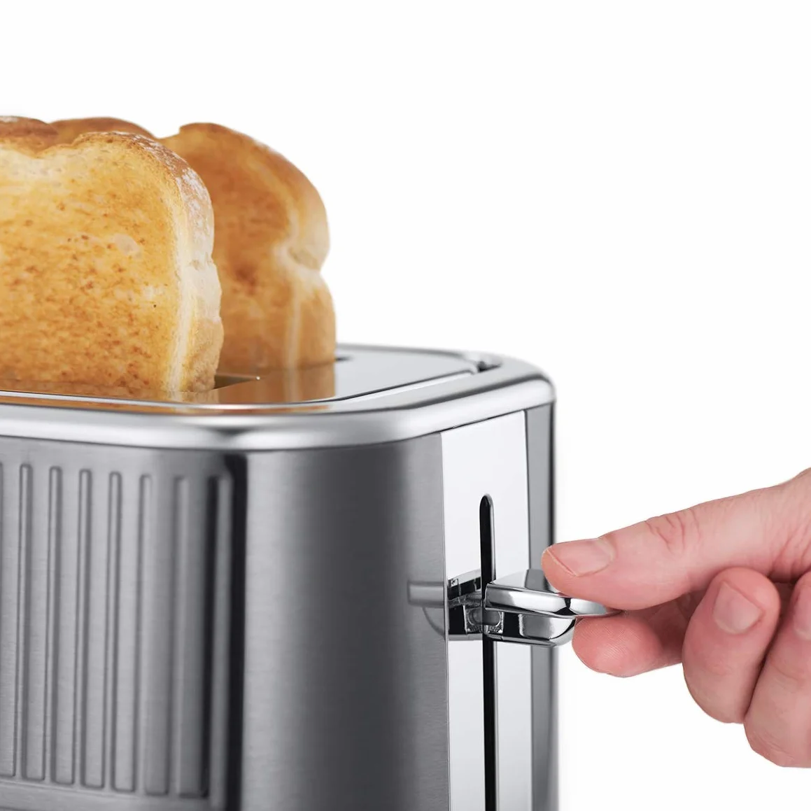 Russell Hobbs Chleb Grid [Dla 2 plasterków] Geo Steel (szerokie otwory, 4 funkcje, szybkie grillowanie/brązowanie, zintegrowany szczypce, podniesienie, podgrzewacz ciastek, podnosi okruchy, 1640W)