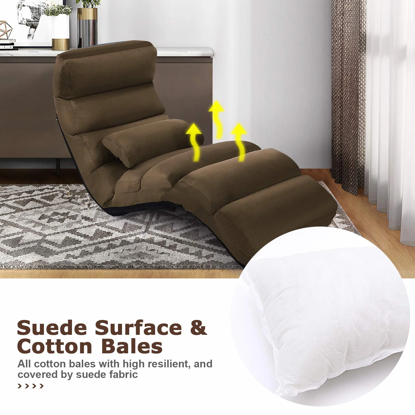 LIFEZEAL Sofa podłogowa składana, leżak bujany, regulowany w 5 pozycjach, krzesło podłogowe, fotel podłogowy z poduszkami, maksymalna nośność 105 kg (kawowa)