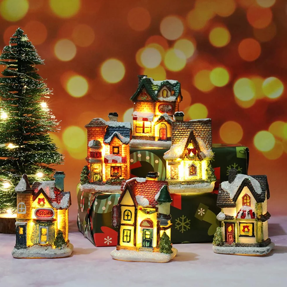 Bseical Village De Noel świecący dom świąteczny, wioska bożonarodzeniowa postać lampa wielokolorowa dekoracja bożonarodzeniowa (zestaw 6 szt., 4 x 6,5 x 9 cm)
