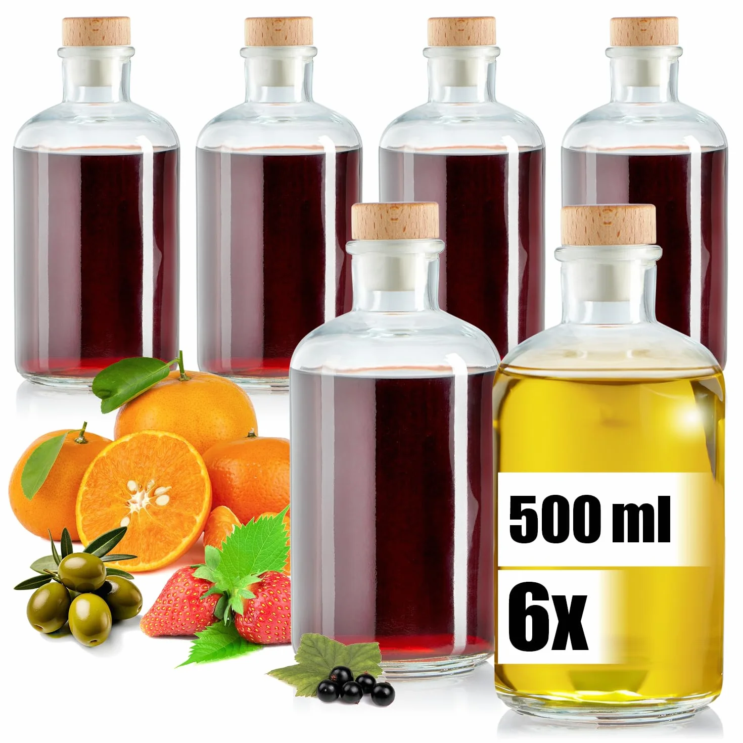 6x Szklane Butelki 500 ml z Korkiem, Pojemniki do Napelniania Olejem, Octem lub Alkoholem