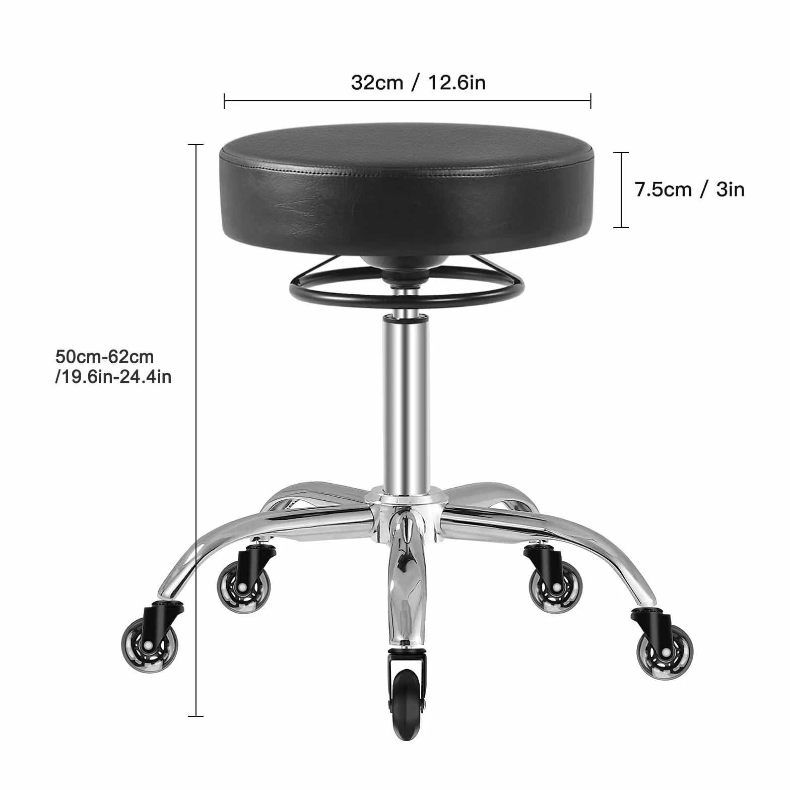 Taboret na kółkach z regulacją wysokości – 50 – 62 cm, obciążenie do 180 kg, taboret obrotowy o 360°, taboret do salonu i spa, ze skóry (czarny)