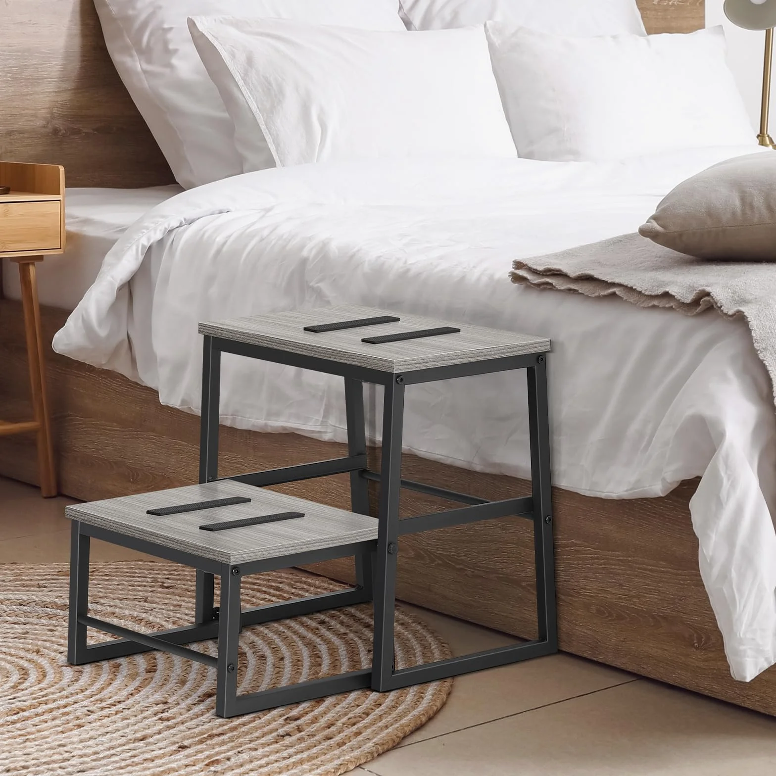 LIANTRAL 2 w 1 taboret ze schodkiem dla dorosłych i dzieci, 2 poziomy, drewniany taboret o nośności 160 kg, metalowa rama, podnóżek do łóżka piętrowego, antypoślizgowy taboret do kuchni, biura, zamek