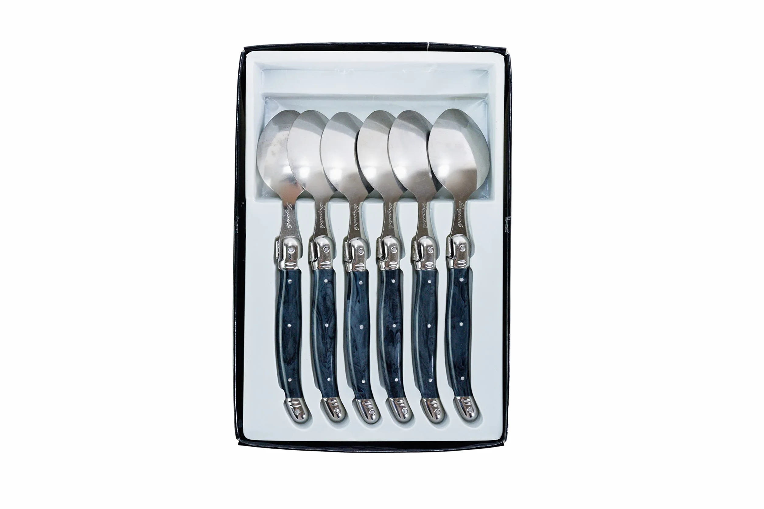 Pradel Excellence Pudełko 6 łyżeczek do zupy laguiole, stal nierdzewna, burzowa chmura marl, 25 x 17 x 2,8 cm