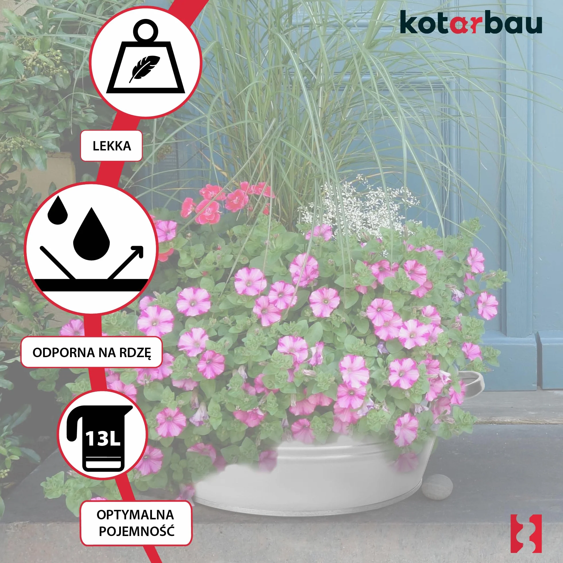 KOTARBAU® Miska Ocynkowana - 13 L - Misa Stalowa z Uchwytami - Miska Metalowa na Kwiaty - Rustykalna