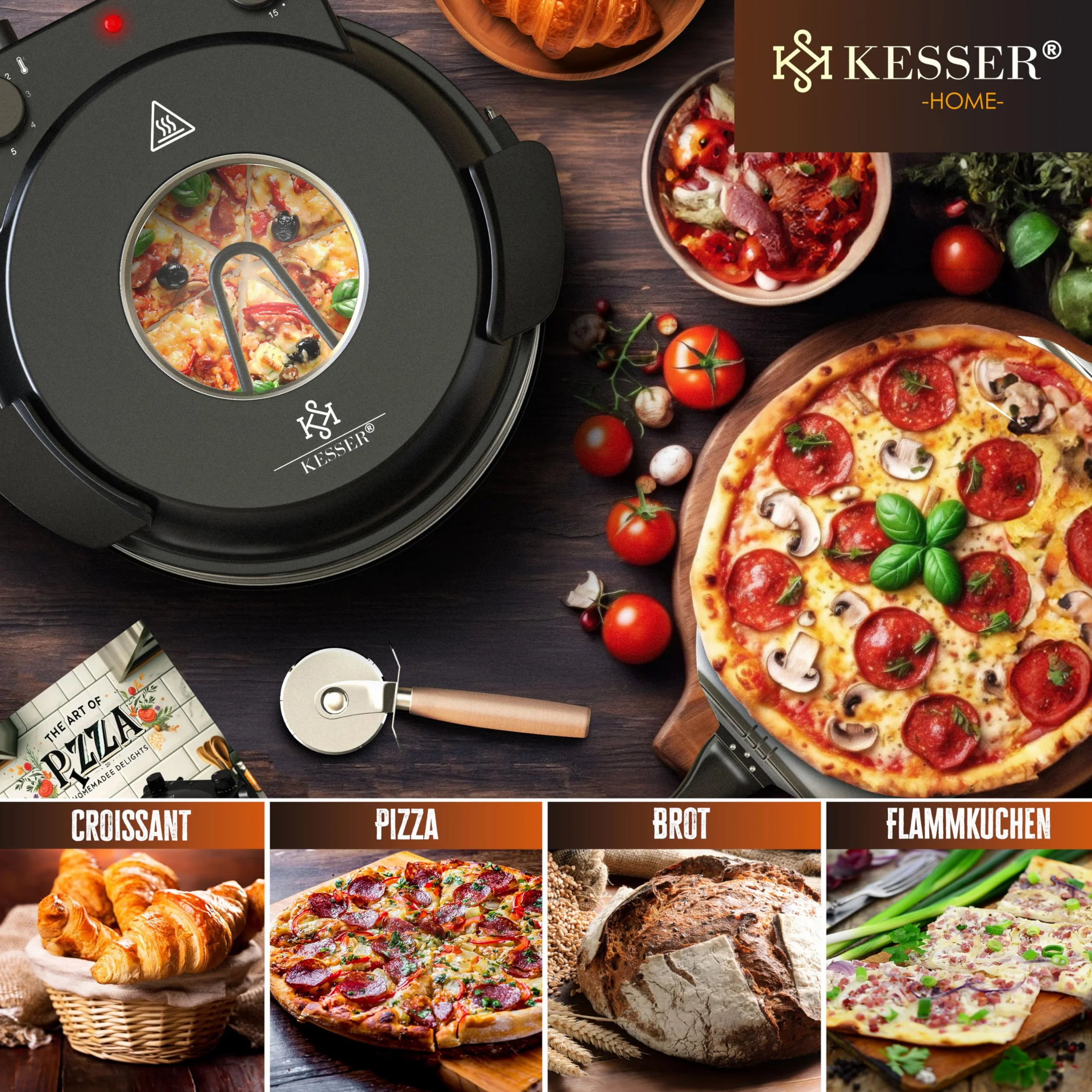 KESSER Elektryczny piec do pizzy 1200W 32cm 5 poziomów grzania z płytą kamienną