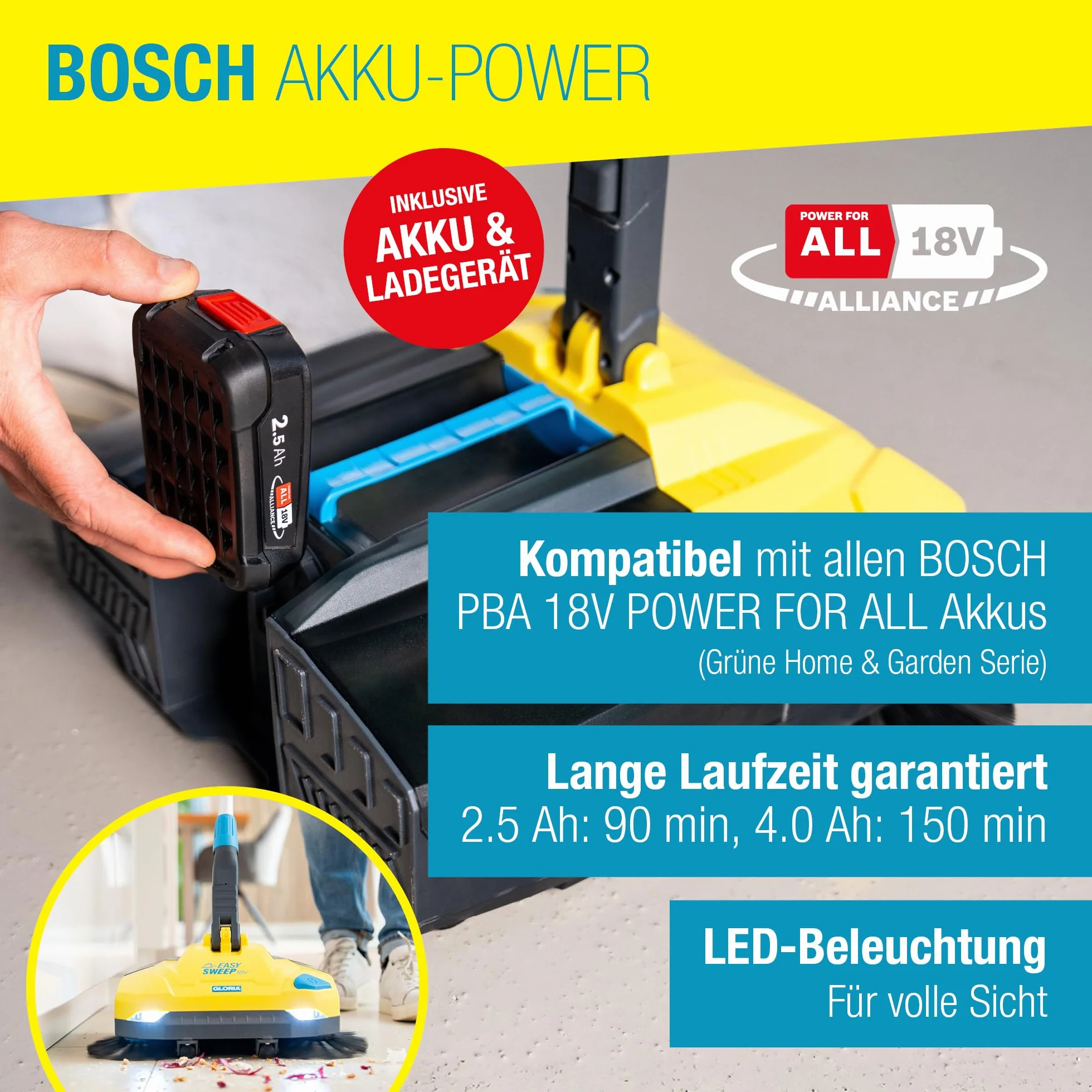 GLORIA Zamiatarka akumulatorowa EasySweep 18 V w zestawie akumulator Bosch 18 V | elektryczna szczotka akumulatorowa i miotła do użytku wewnątrz i na zewnątrz | wjazd, chodnik, taras, garaż i liście |