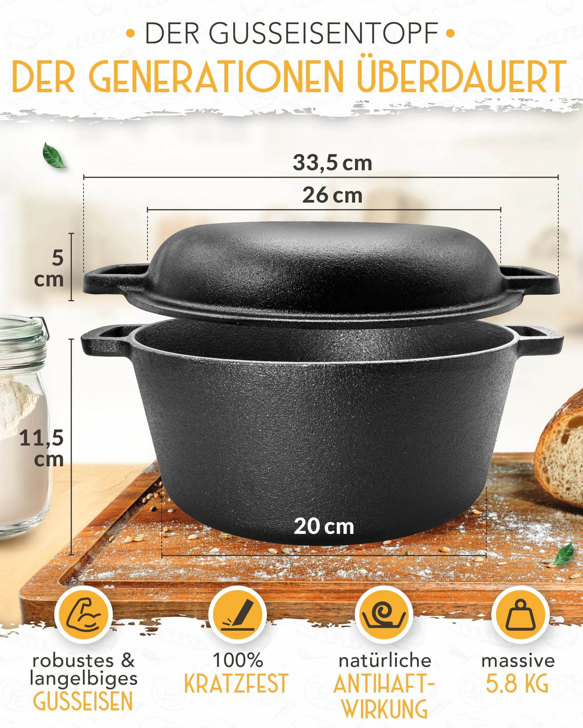 KRUSTENZAUBER Garnek żeliwny do pieczenia chleba w XXL zestawie - formy do pieczenia chleba z pokrywką w tym koszyk do garowania, trzepaczka, nóż piekarski, skrobak do ciasta, pętla do chleba i więcej