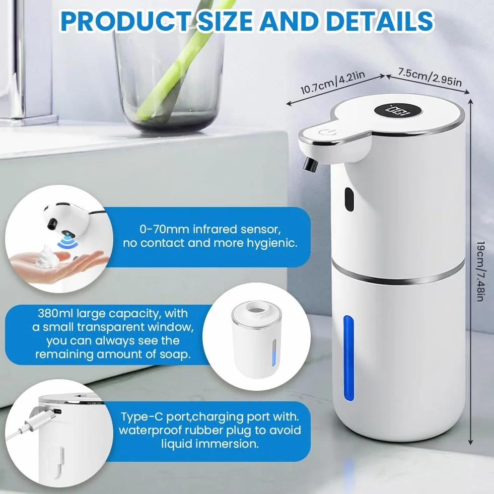 Vicloon Automatyczny dozownik mydła, dozownik mydła 380 ml, dozownik mydła w pianie, USB wielokrotnego napełniania ścienny dozownik mydła z czujnikiem podczerwieni, wodoodporny IPX5, do łazienek