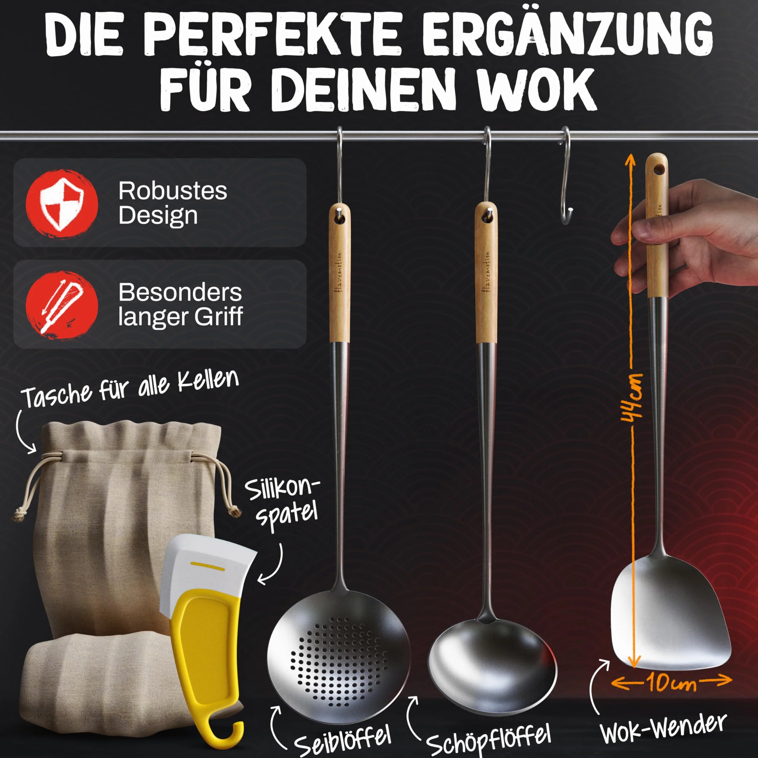 FLAVEMOTION Łopatka do woków, chochla i łyżka cedzakowa z wysokiej jakości stali nierdzewnej z uchwytem z litego drewna – sztućce do wok nadają się do mycia w zmywarce, w zestawie silikonowa szpatułka