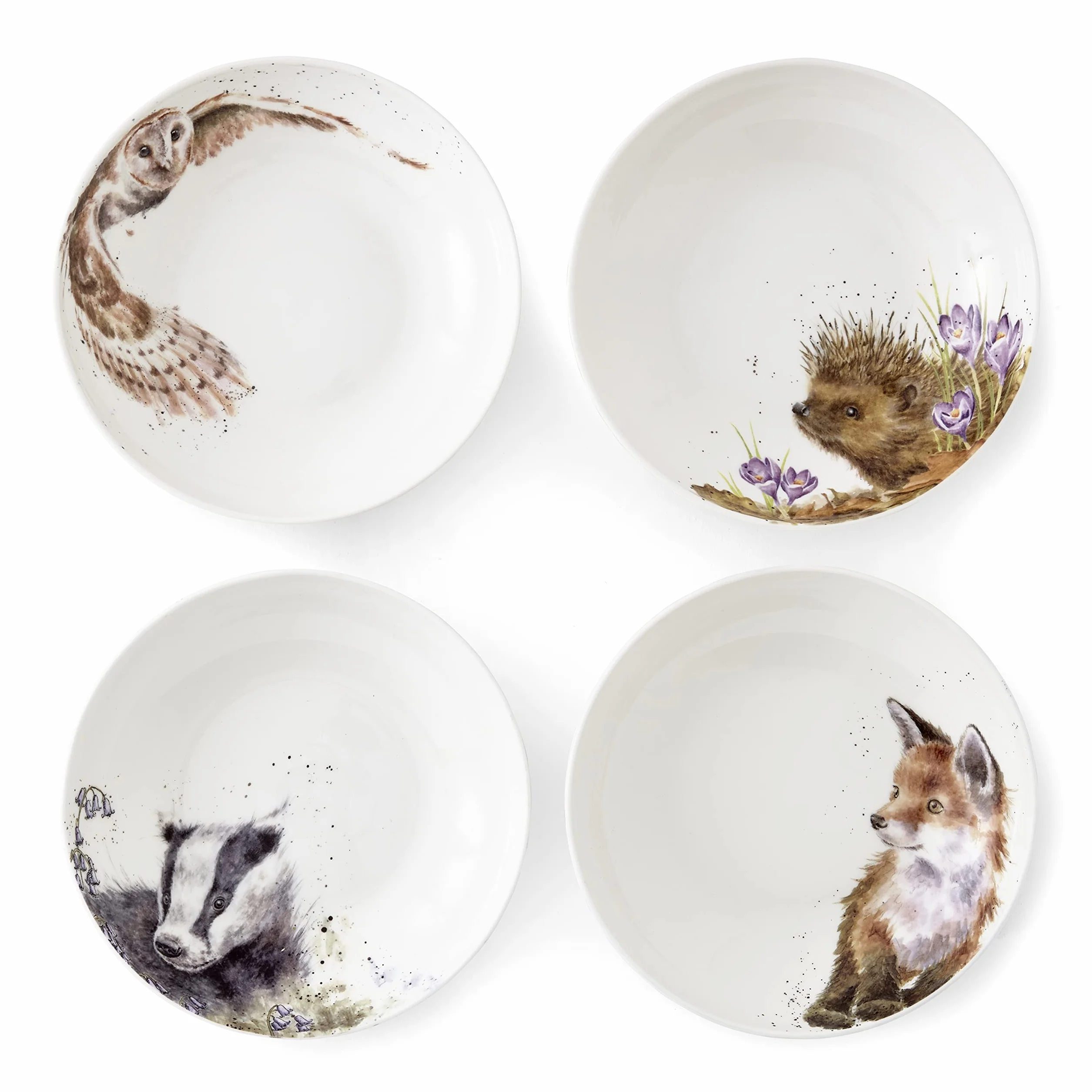 Wrendale Designs Royal Worcester ceramiczna miska do makaronu, jeż, borsuk, lis i sowa, zestaw 4 szt