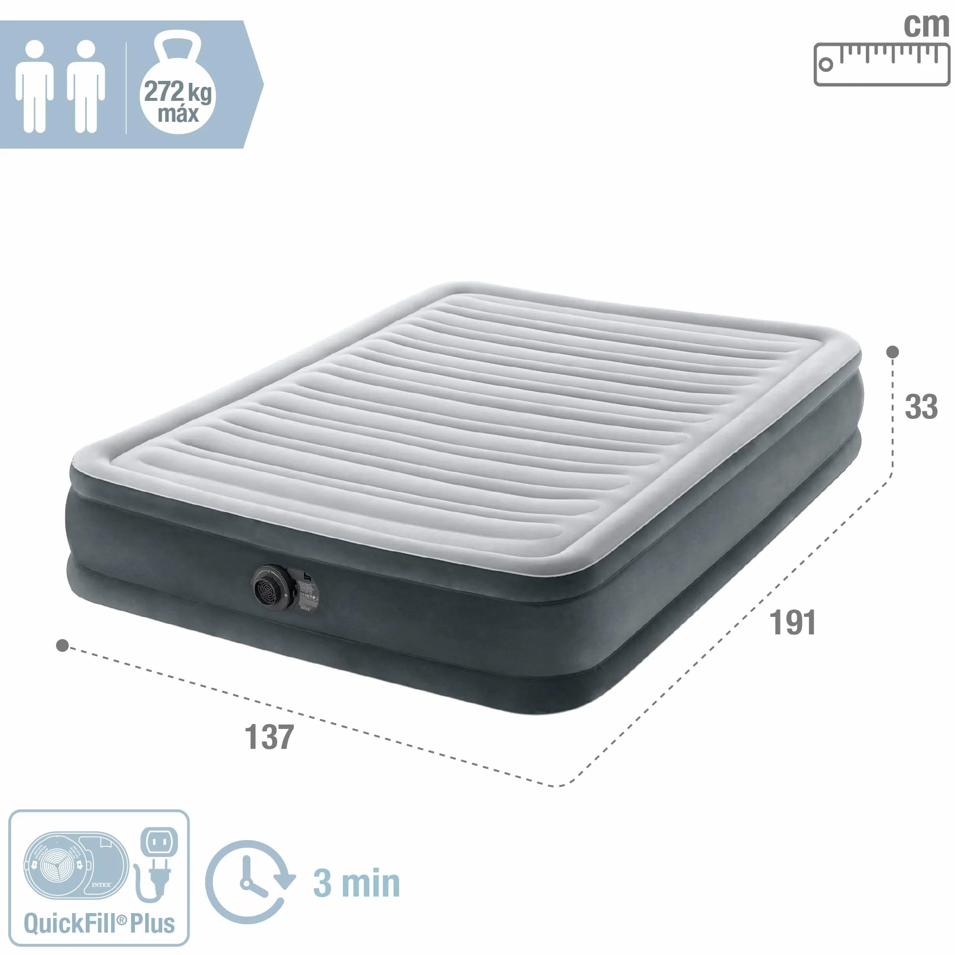 Intex 67768ND - Materasso Dura-Beam Comfort Plush Piazza e Mezza con Pompa Elettrica Incorporata, 137x191x33 cm