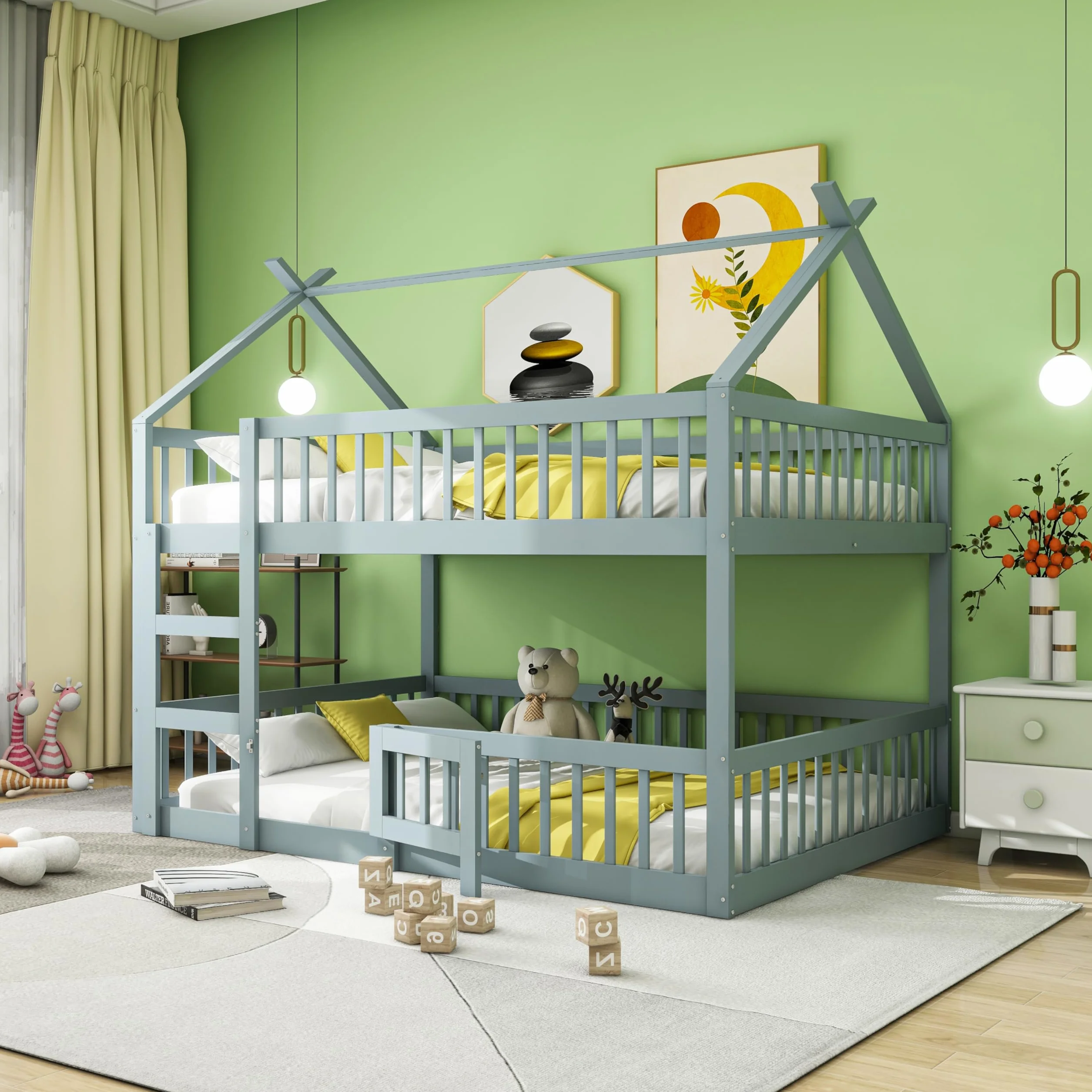 Dziecięce łóżko piętrowe 140 x 200, rodzinne łóżko dziecięce, ze schodami, styl loft, rama łóżka piętrowego z litego drewna, kolor szary