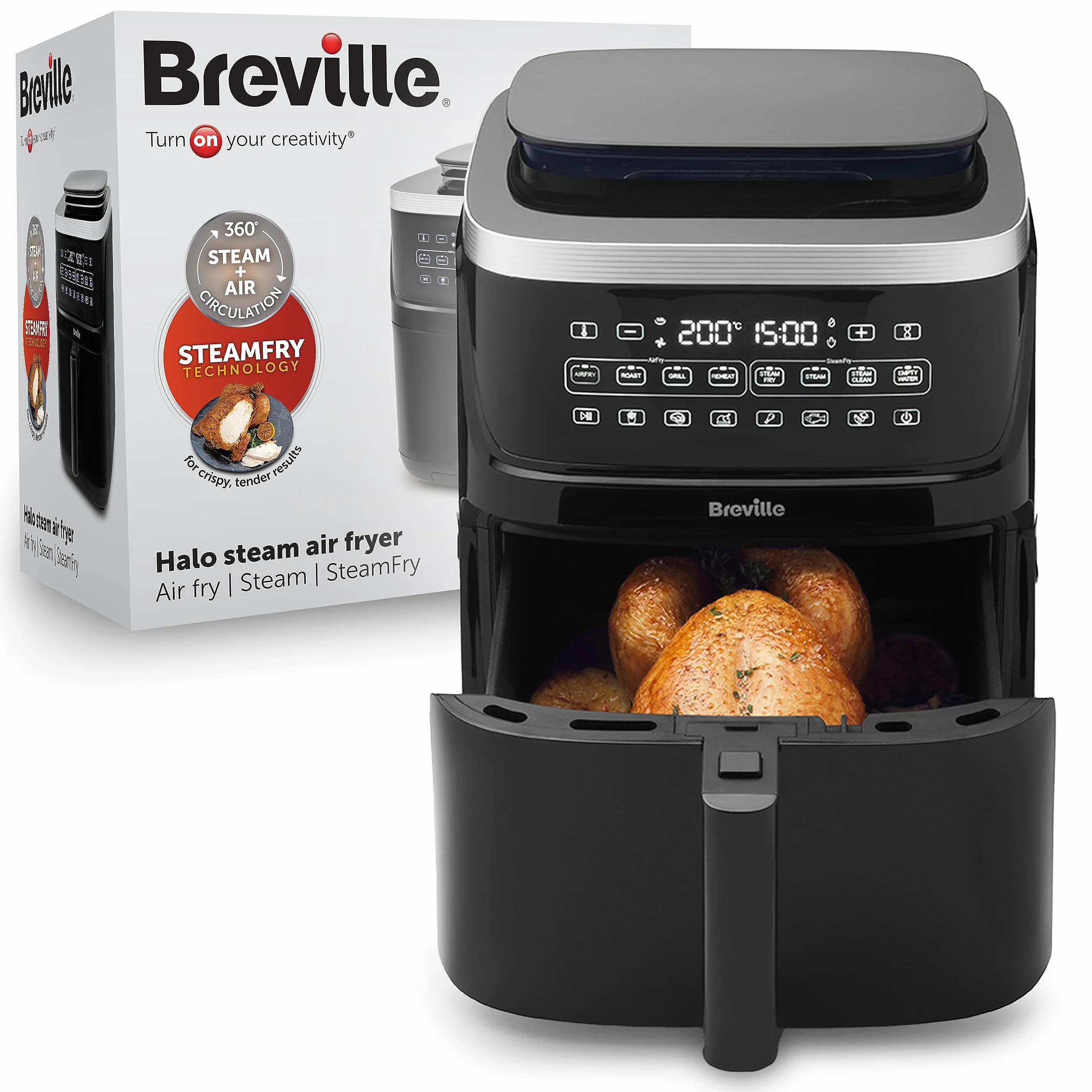 Breville Halo Frytkownica bez oleju parowego, cyfrowa frytkownica bezolejowa, 7 l z technologią SteamFry 1700 W, czarna [VDF133X], wtyczka UE