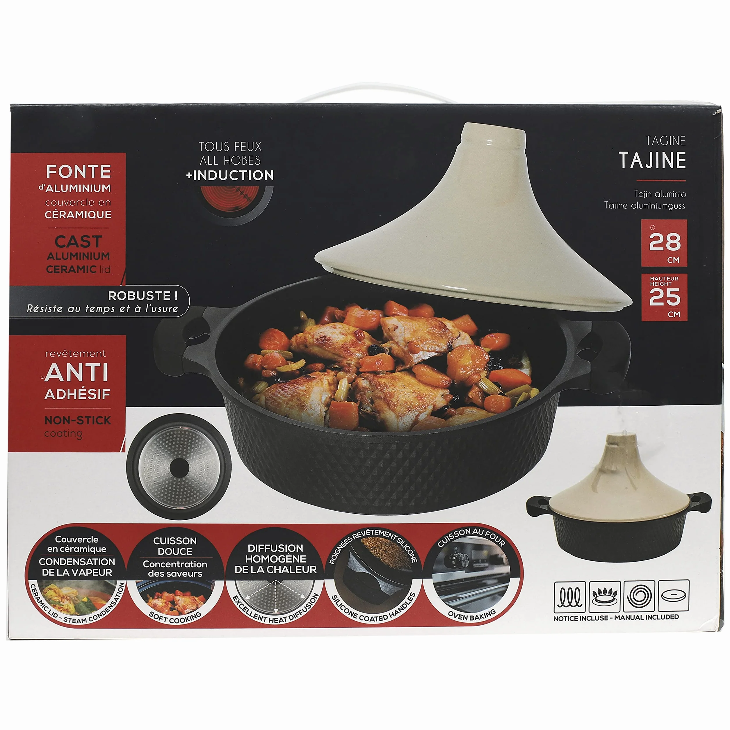 COOK CONCEPT - KC25801 - Tajine indukcyjny okrągły odlew aluminiowy Vitro-Ceramic - Powłoka nieprzywierająca czarny/beżowy