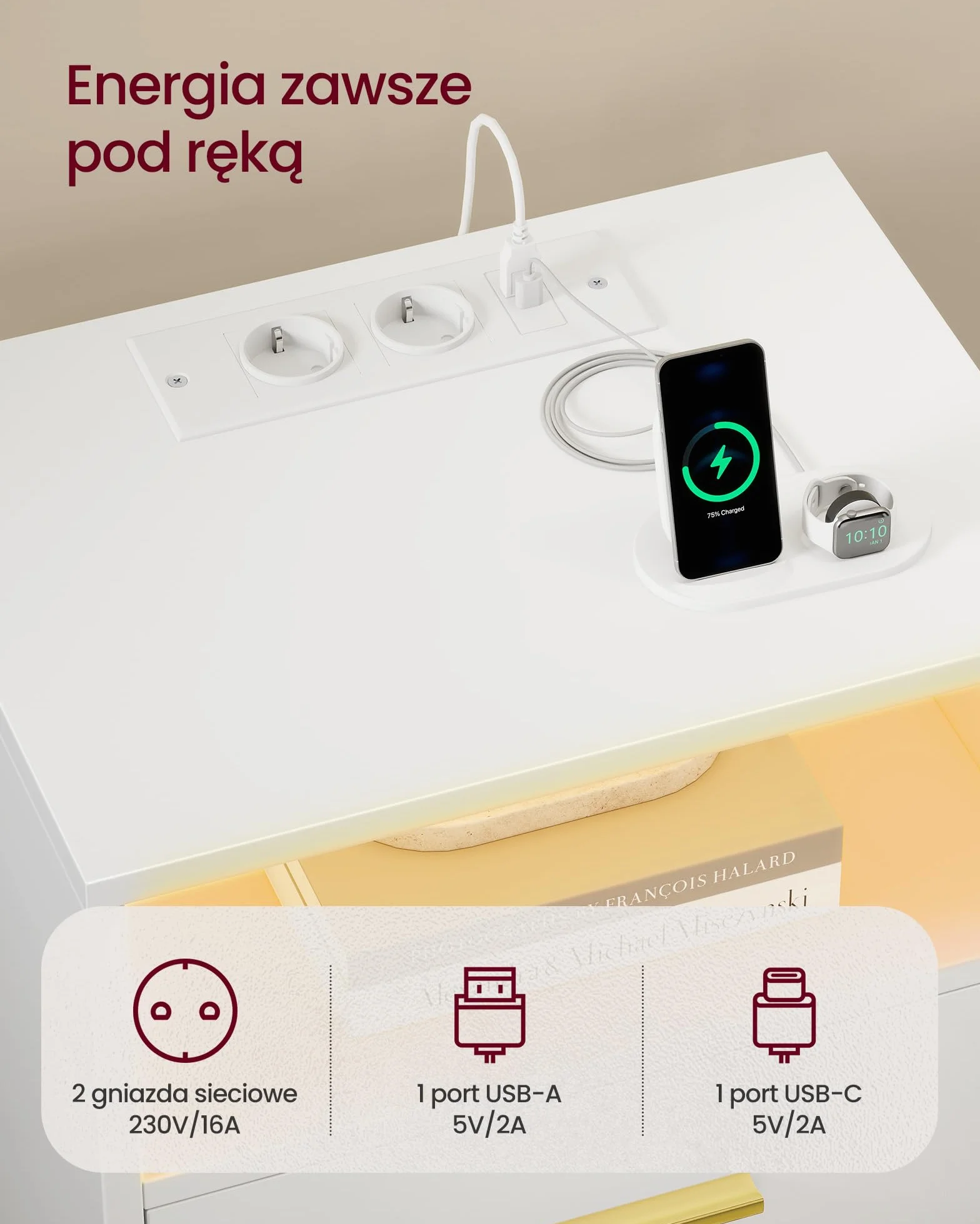 VASAGLE Kolekcja CUSTOS – stolik nocny ze stacją ładującą, zestaw 2 szt., oświetlenie LED, stolik boczny, nowoczesny, z szufladami, 2 gniazdkami sieciowymi i portami USB, kolor Cloud White LET829WB01
