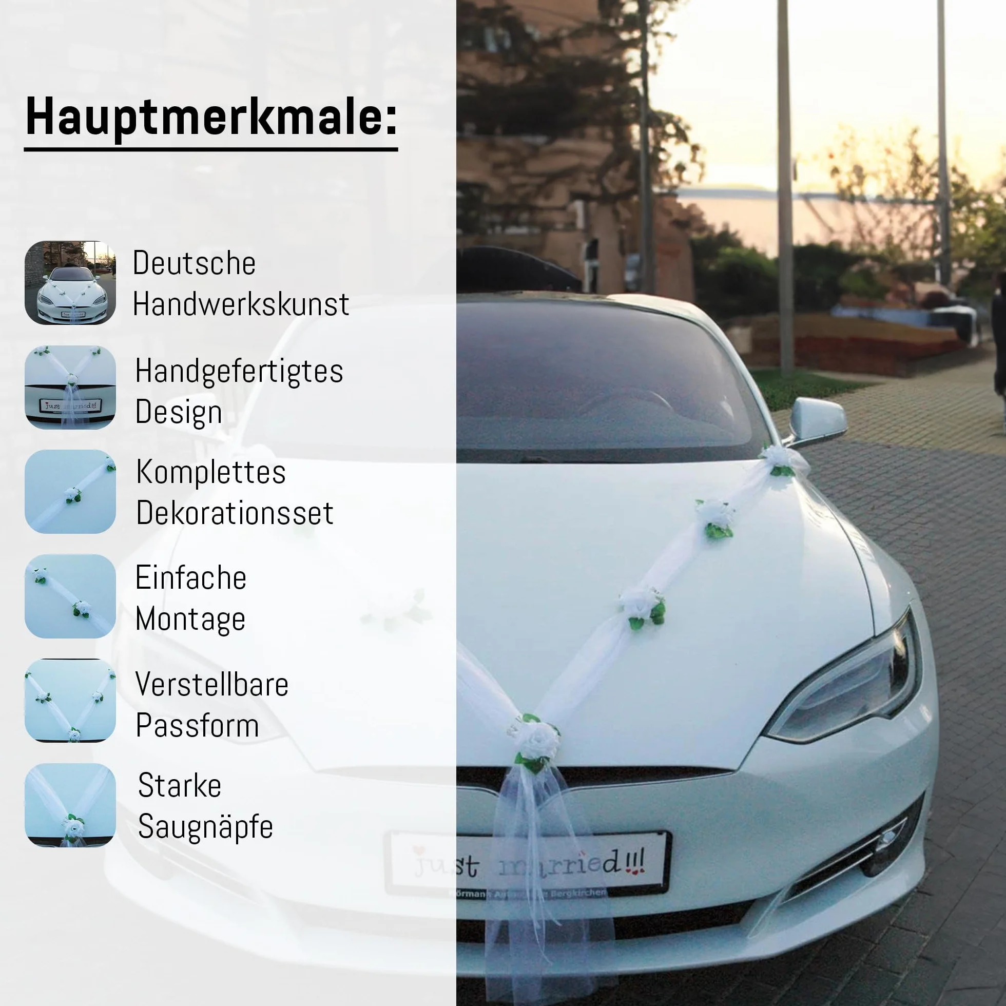 KLASYK Ozdoba samochodowa 100% gotowa dekoracja panna młoda para róża deko ozdoba samochodowa wesele Car Auto Wedding deko girlanda rattan (czysta biel/biała)