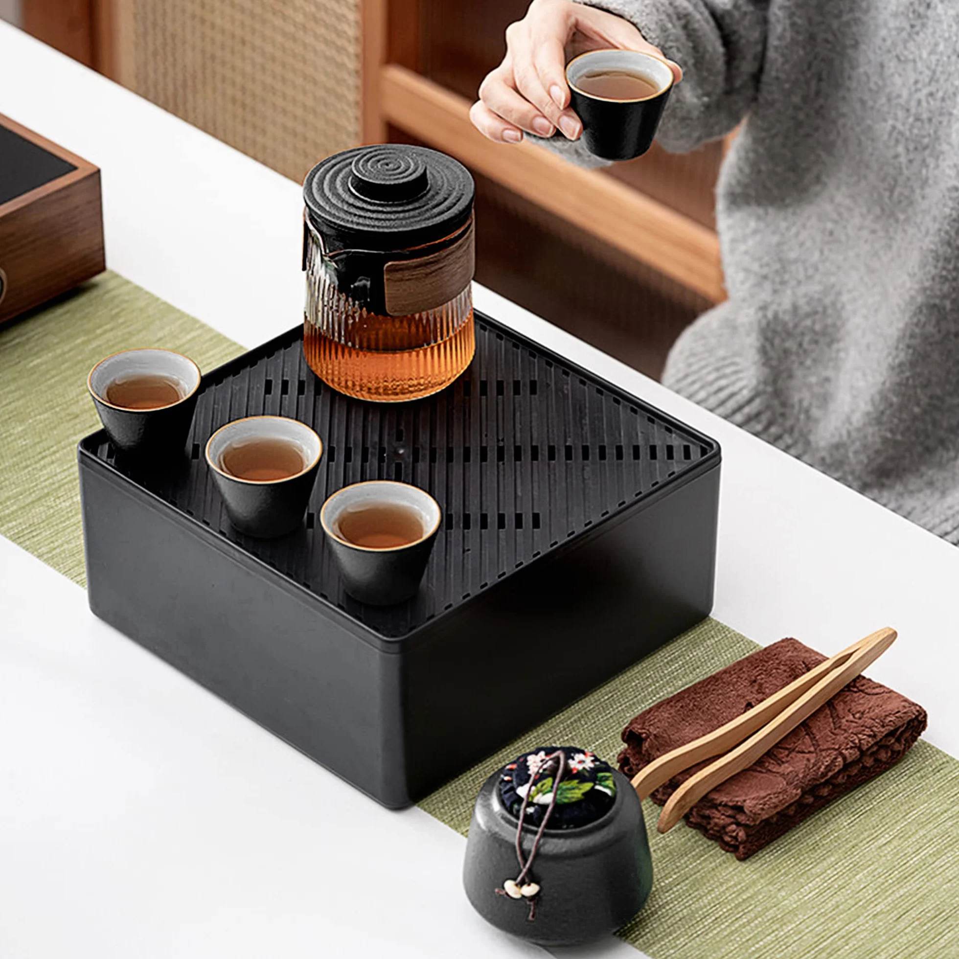 fanquare Chiński czarny zestaw do herbaty Kung Fu, japoński przenośny zestaw do herbaty z tacą, ceramiczny podróżny zestaw do herbaty, upominkowy zestaw do herbaty dla dorosłych